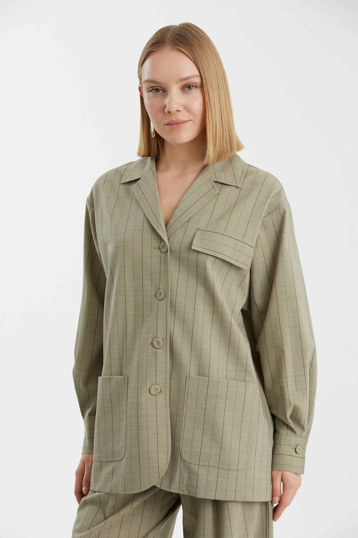 Green Front-Pocket Wool-Blend Jacket
