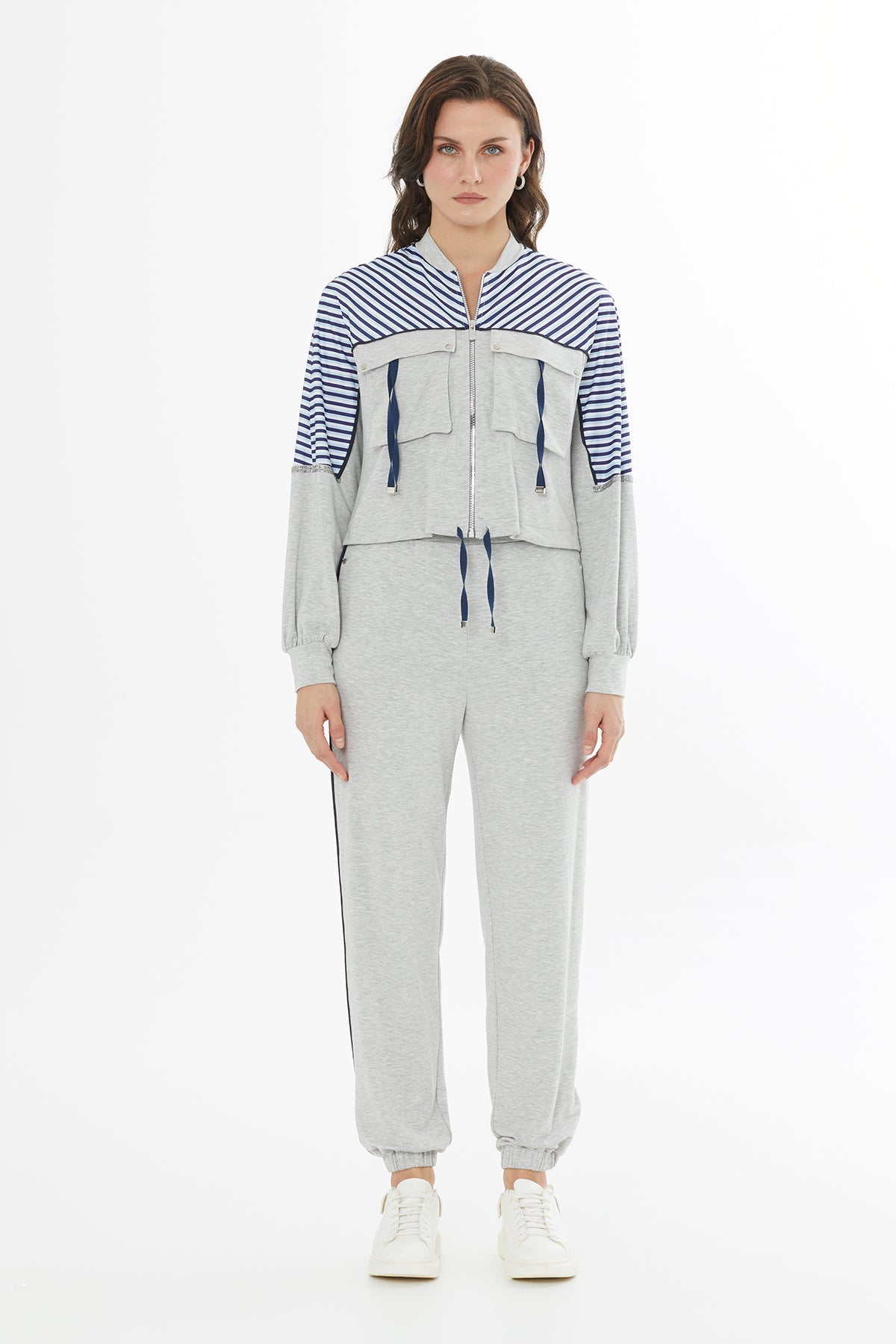 Grey Contrast-Trim Long Sleeve Sweatshirt