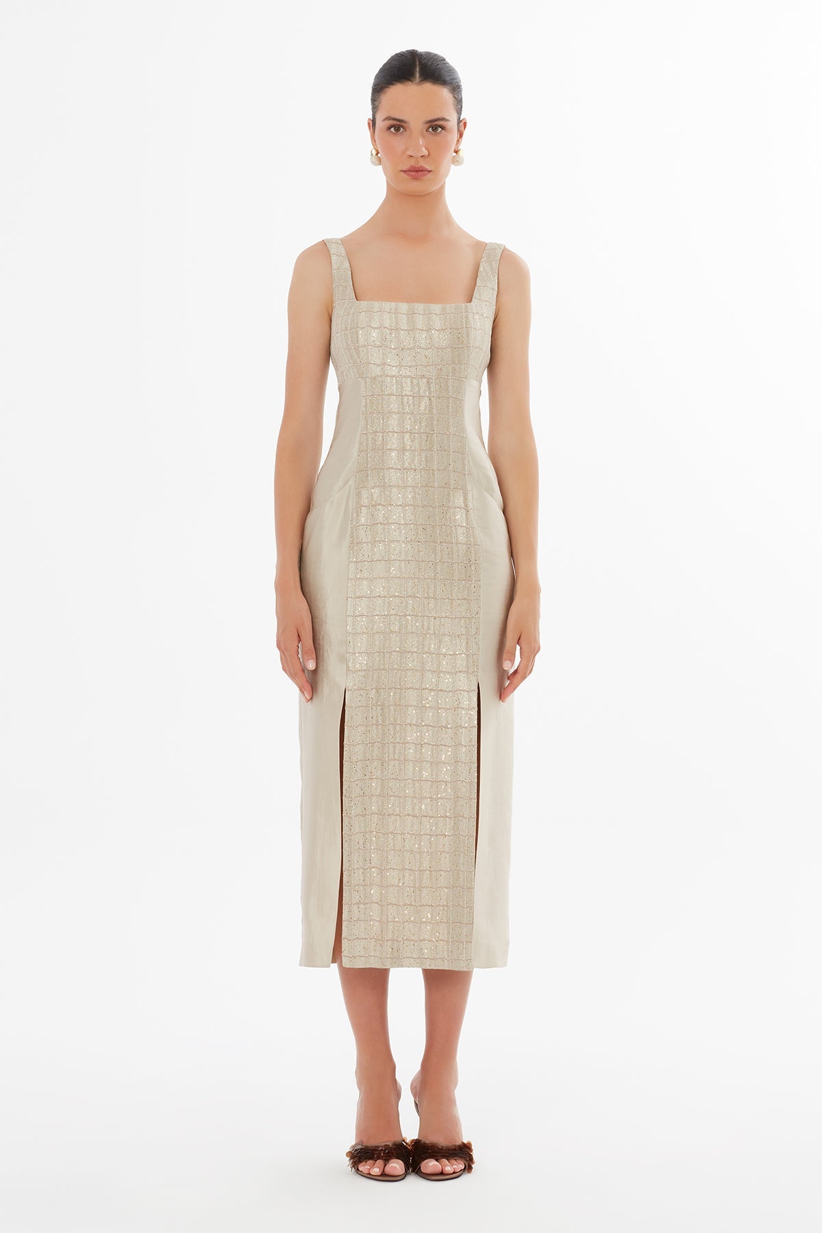 Beige Pocket Detail Square-Neck Maxi Dress