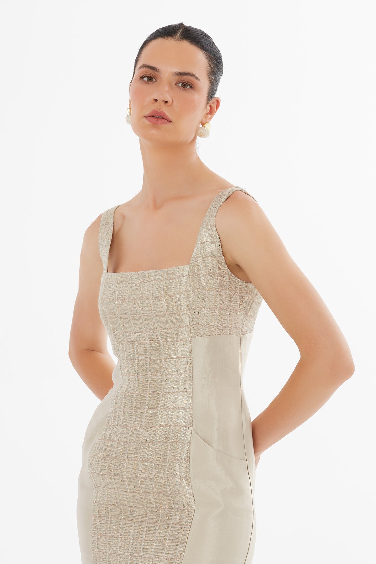 Beige Pocket Detail Square-Neck Maxi Dress