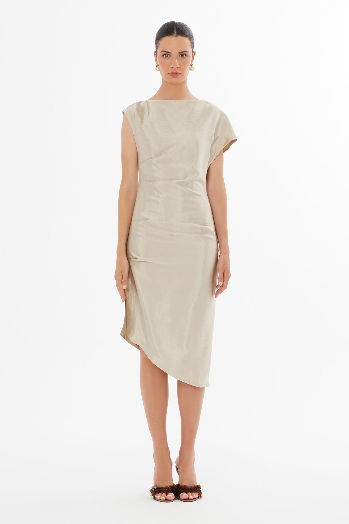 Beige Off-Shoulder Asymmetric Midi Dress
