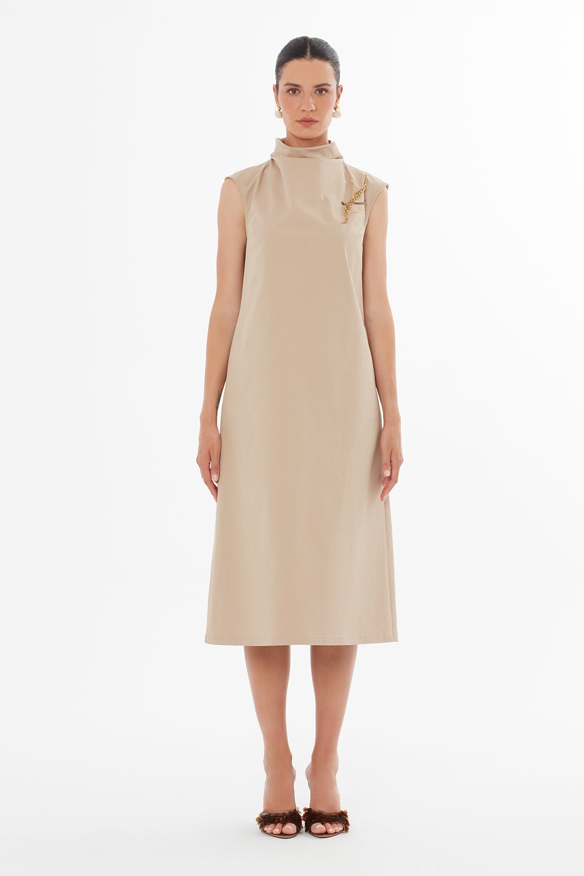 Beige Beaded Midi Dress