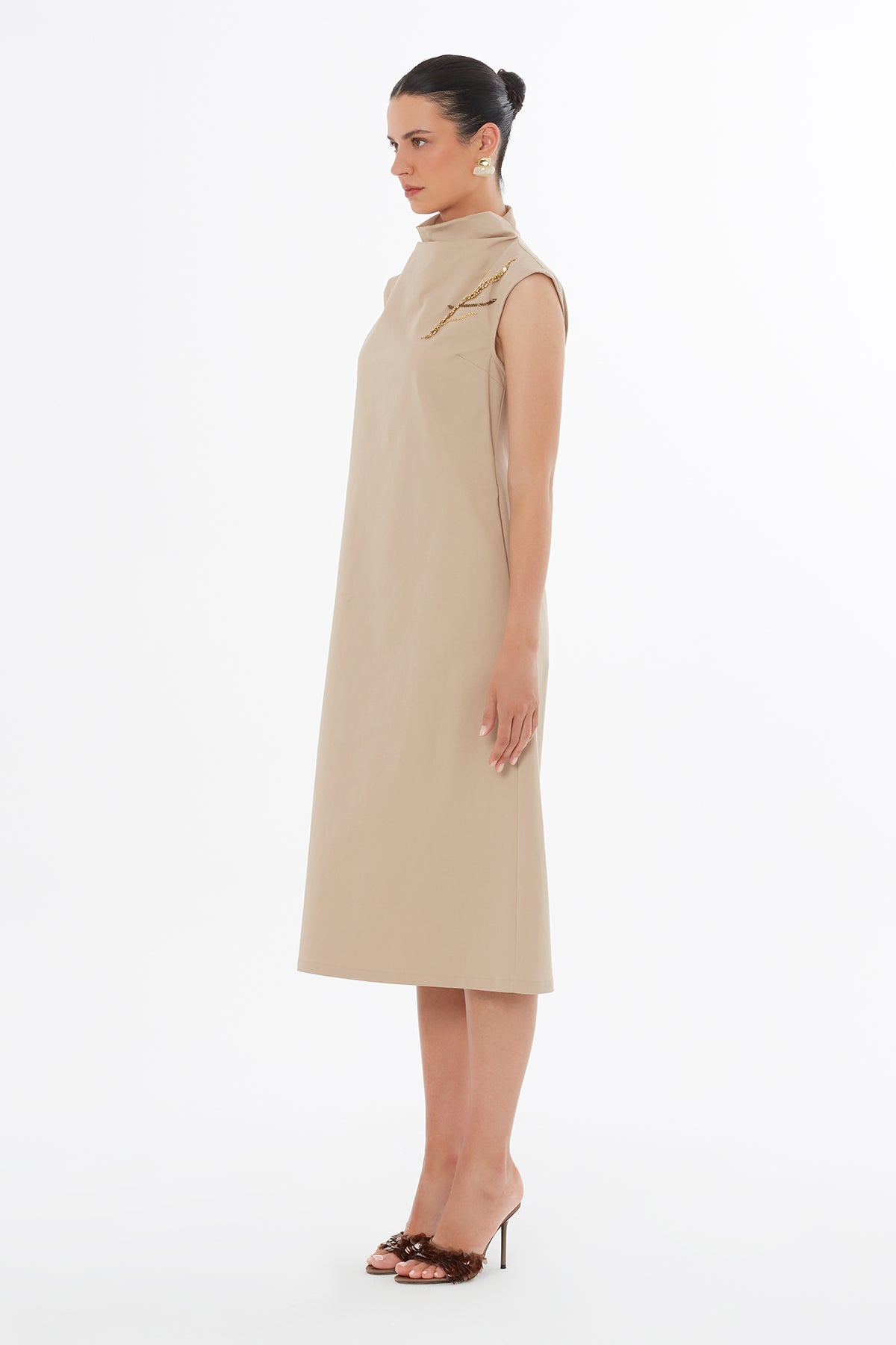 Beige Beaded Midi Dress