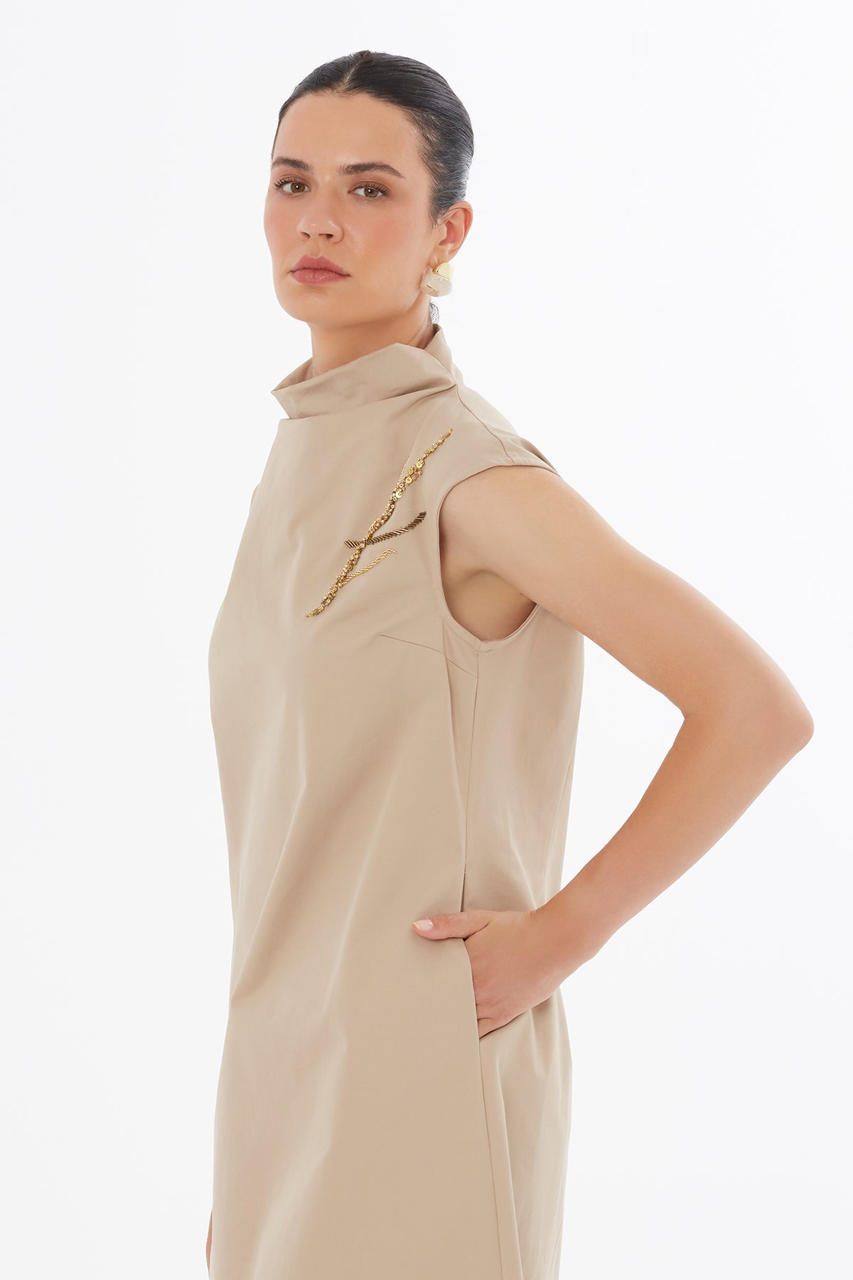 Beige Beaded Midi Dress