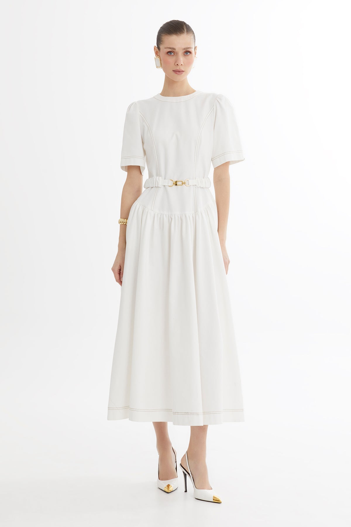 Ecru Buckle-Belt Midi Dress
