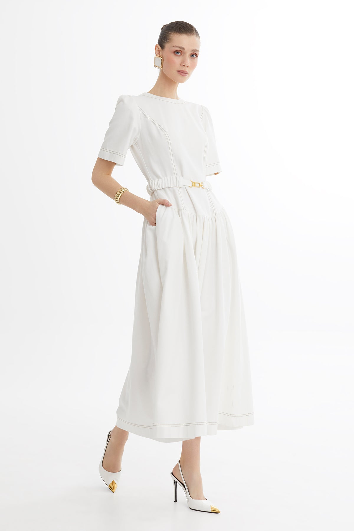 Ecru Buckle-Belt Midi Dress