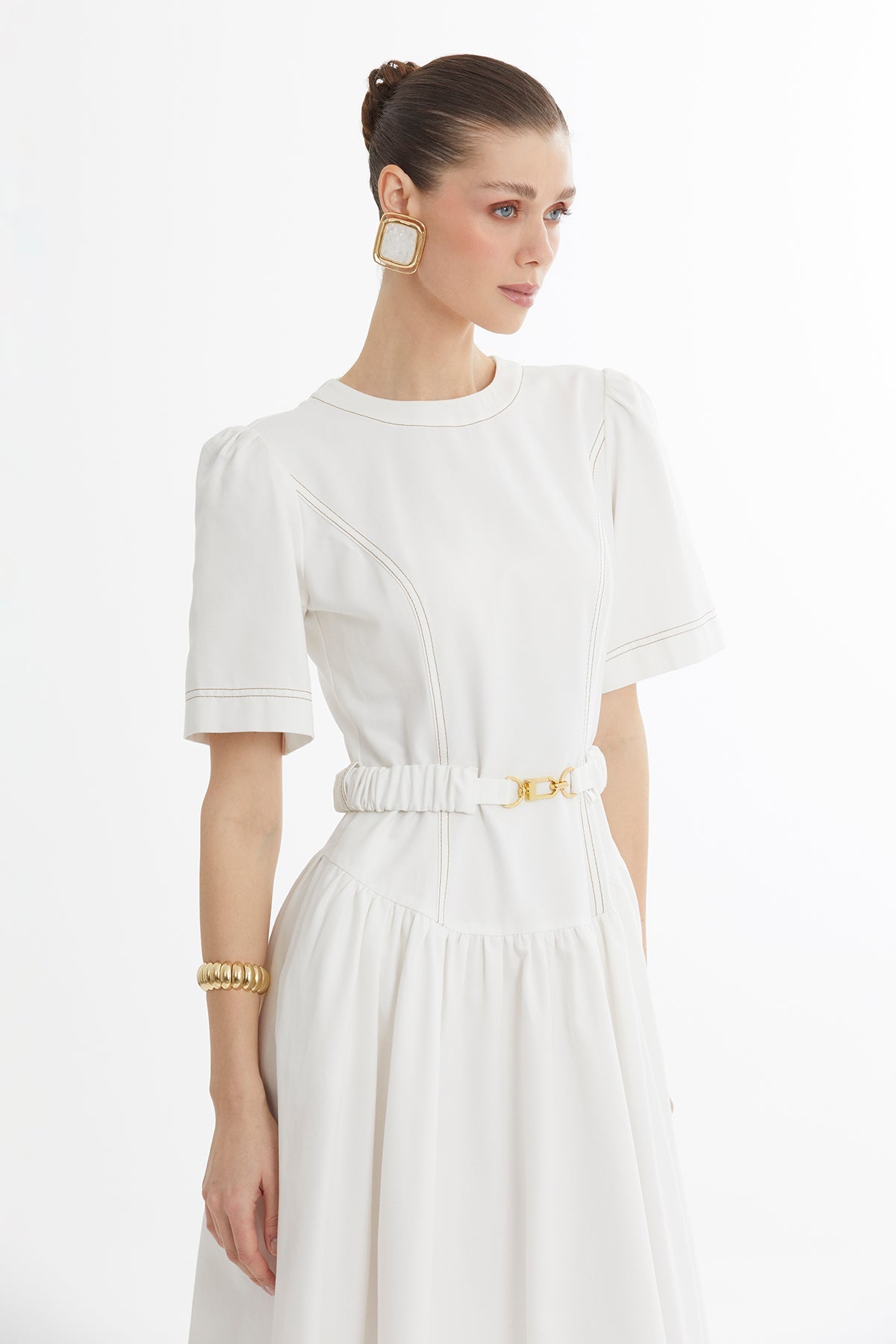Ecru Buckle-Belt Midi Dress