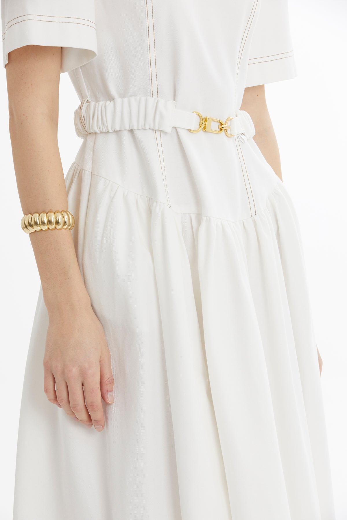 Ecru Buckle-Belt Midi Dress