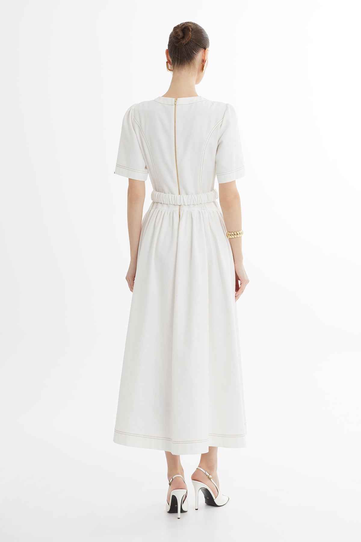 Ecru Buckle-Belt Midi Dress