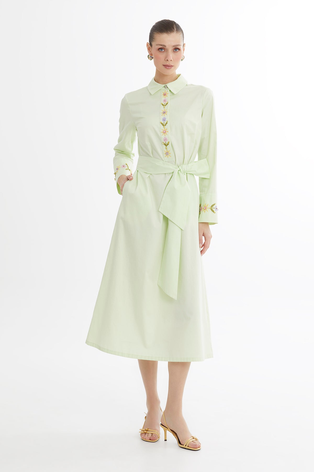 Green Embroidered Belted Midi Dress