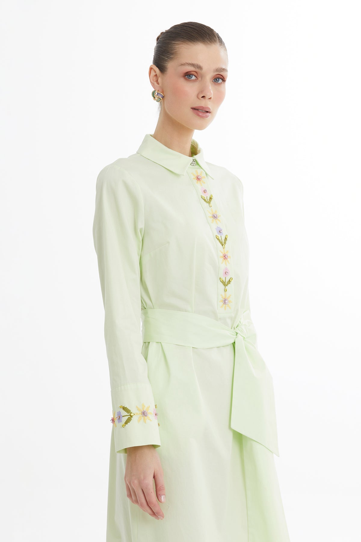 Green Embroidered Belted Midi Dress