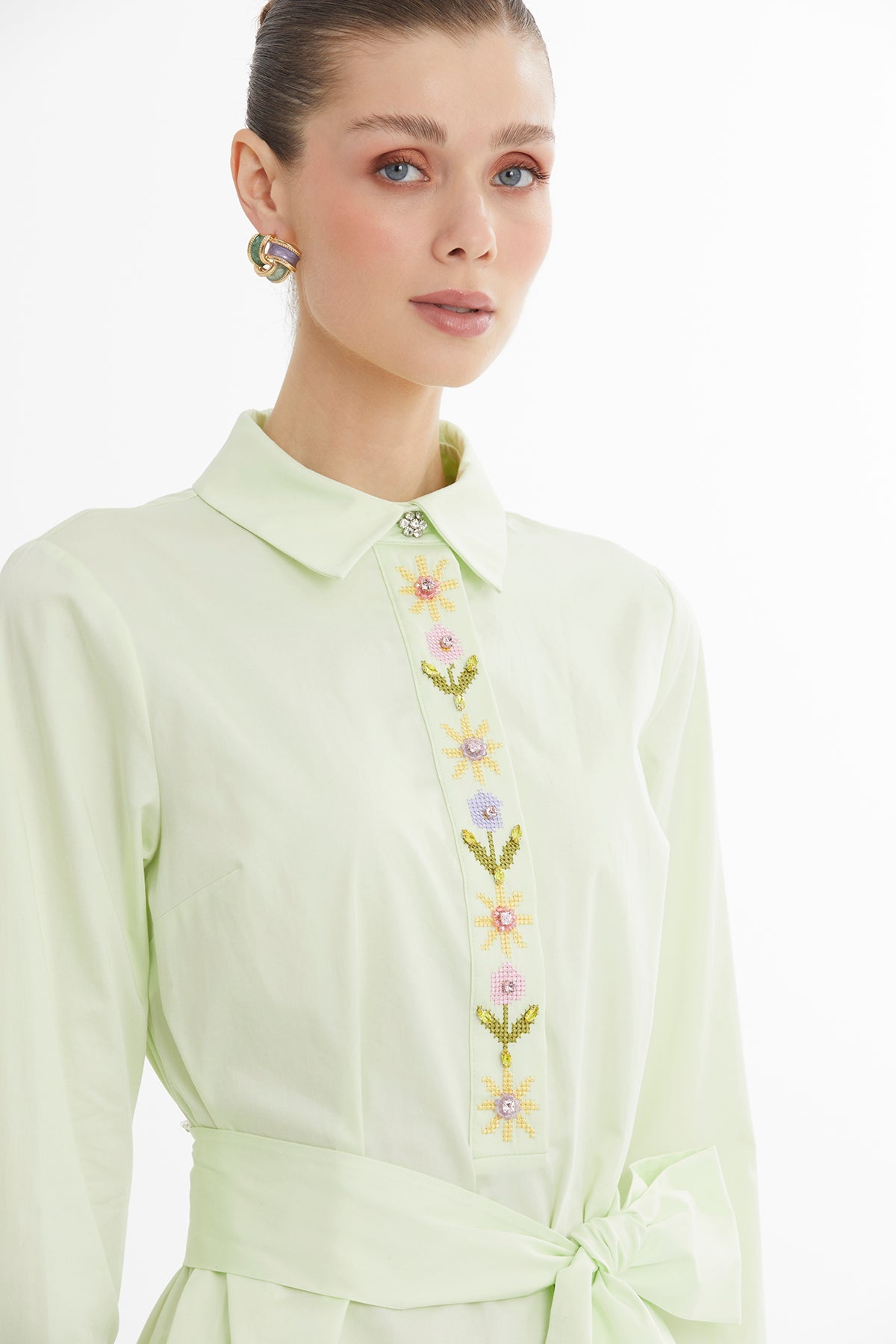 Green Embroidered Belted Midi Dress