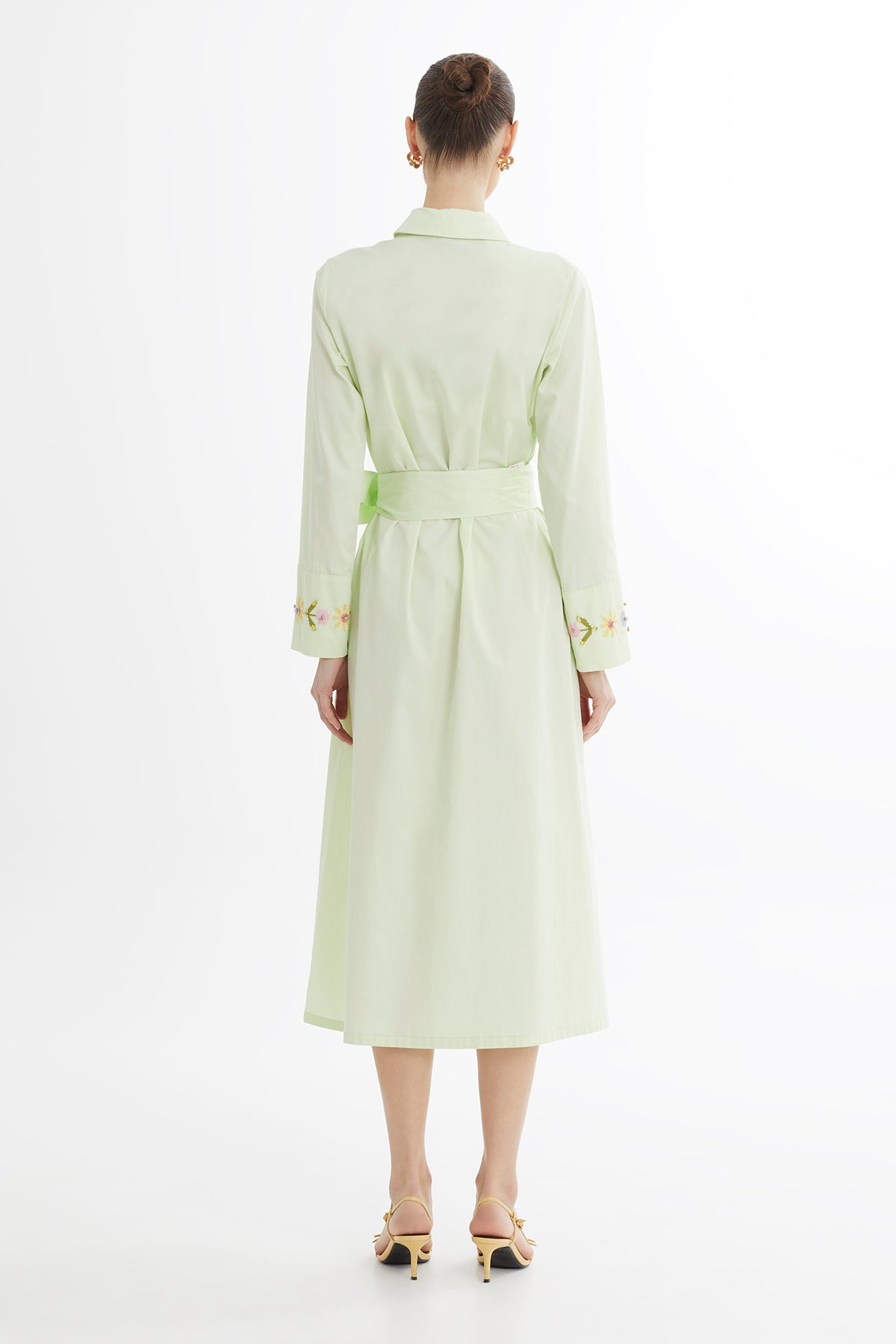 Green Embroidered Belted Midi Dress