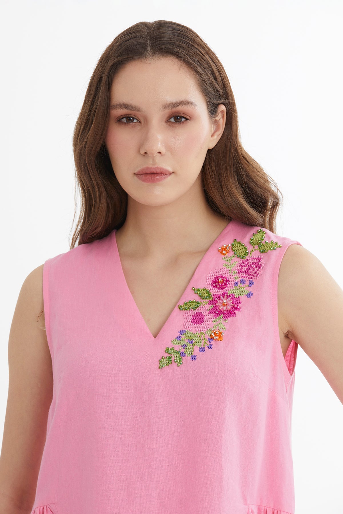 Pink Color Canvas Embroidered Linen Midi Dress