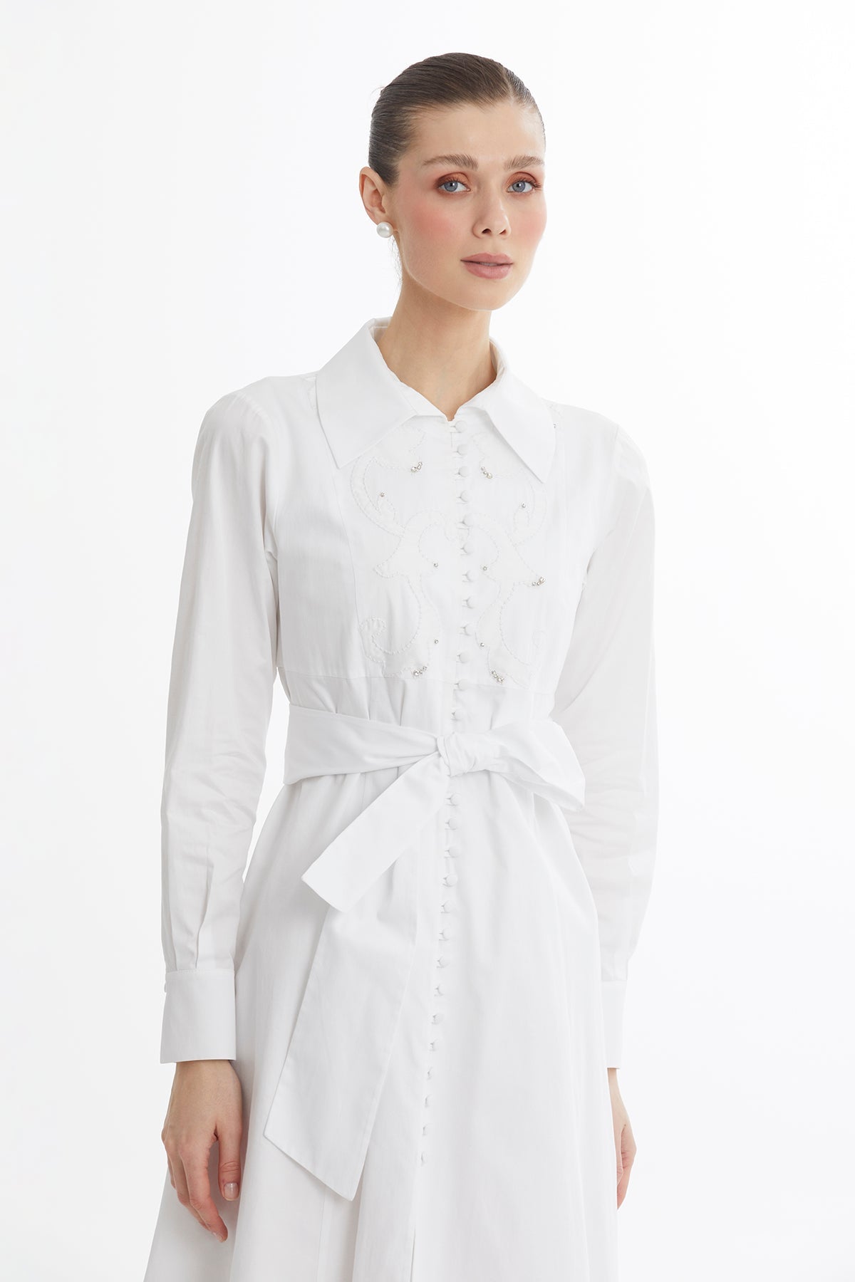 White Embroidered Detail Midi Dress N