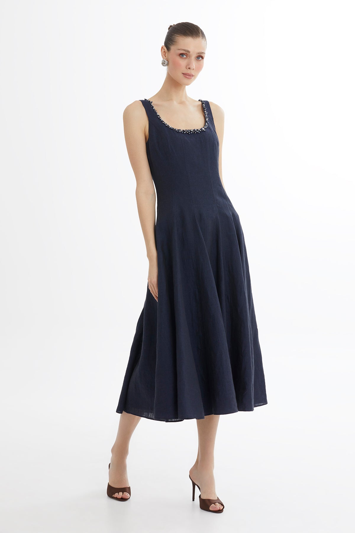 Dark Navy Embroidered Collar Linen Midi Dress