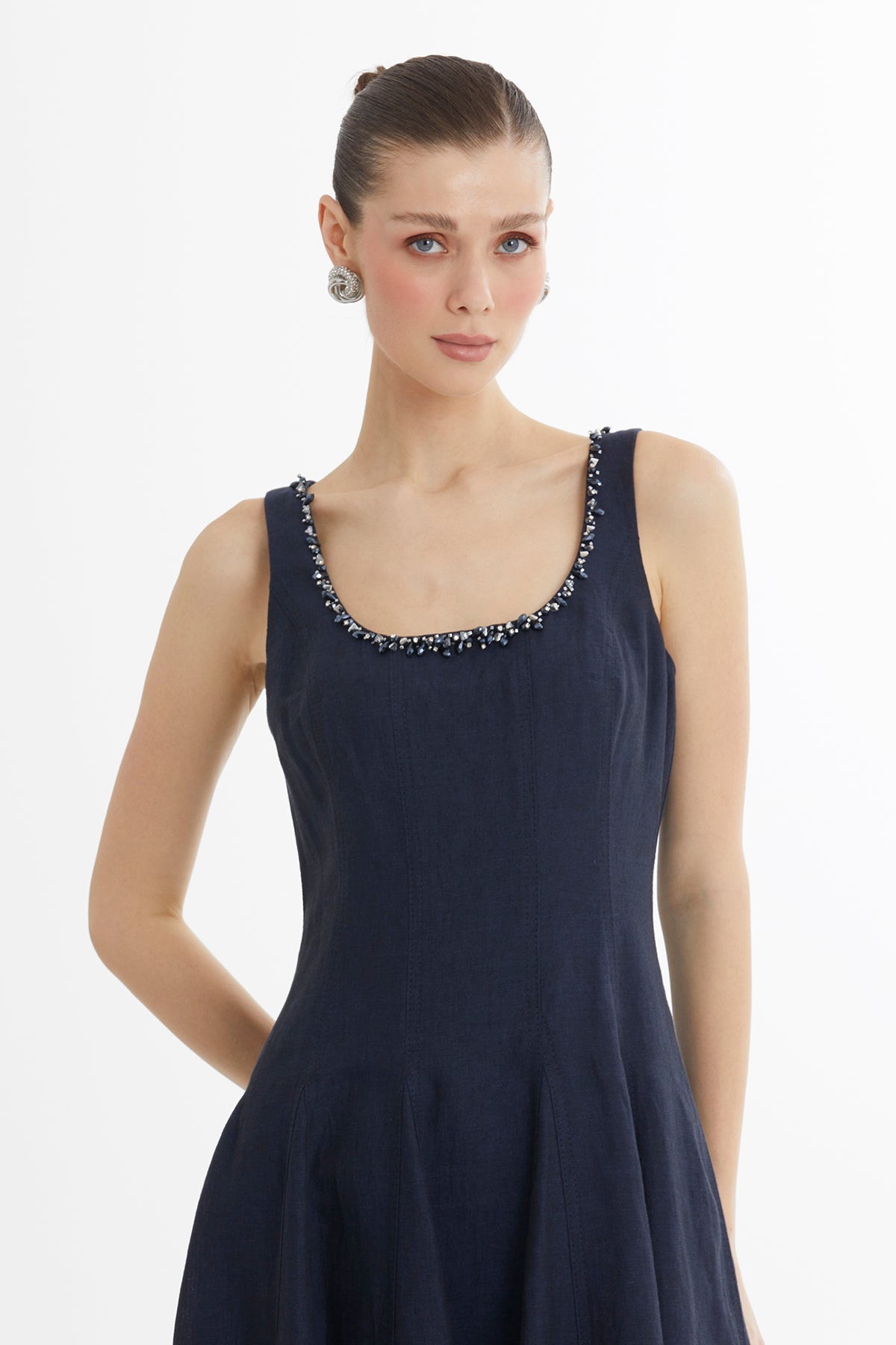 Dark Navy Embroidered Collar Linen Midi Dress