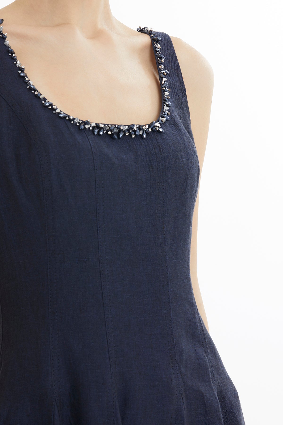 Dark Navy Embroidered Collar Linen Midi Dress