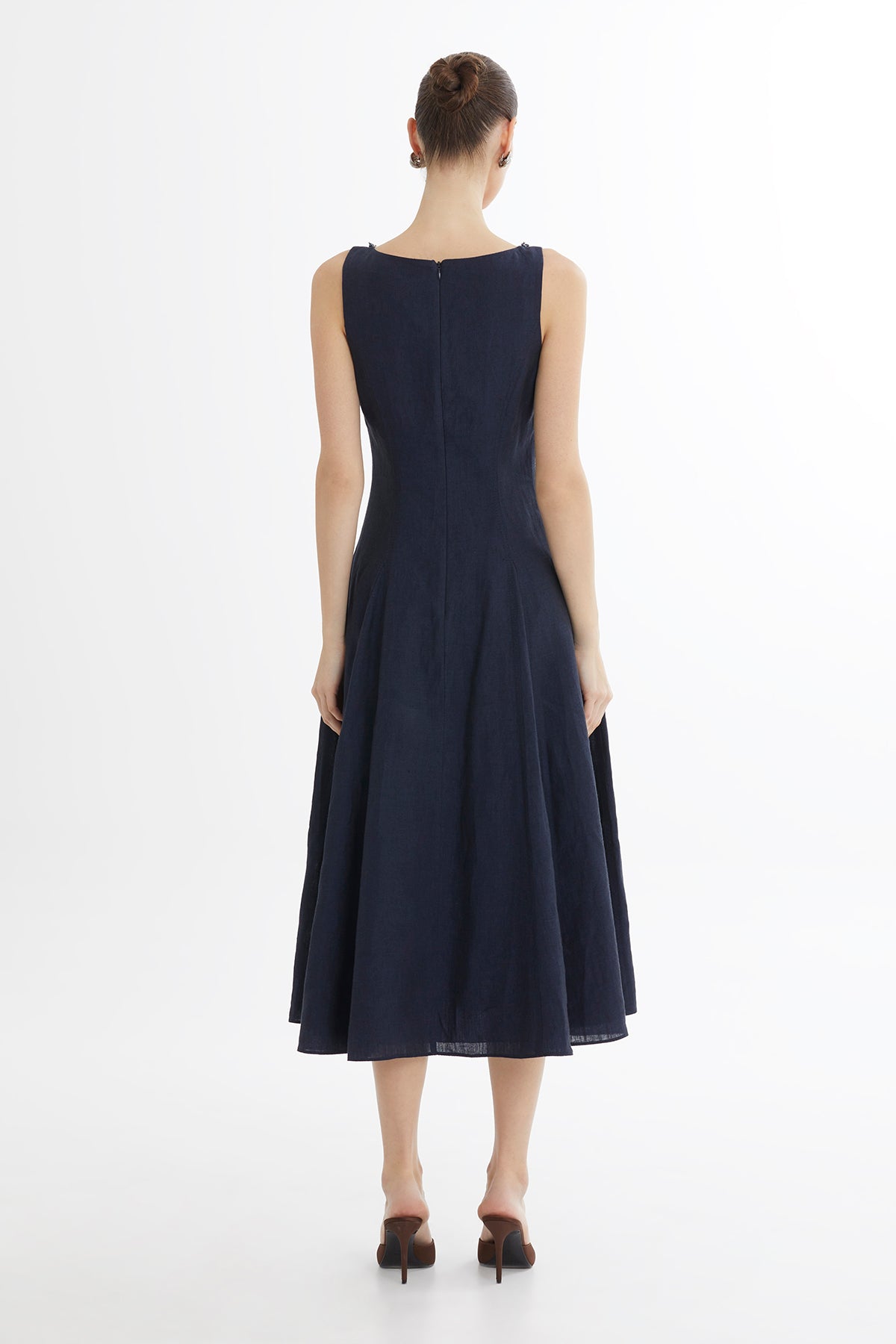 Dark Navy Embroidered Collar Linen Midi Dress