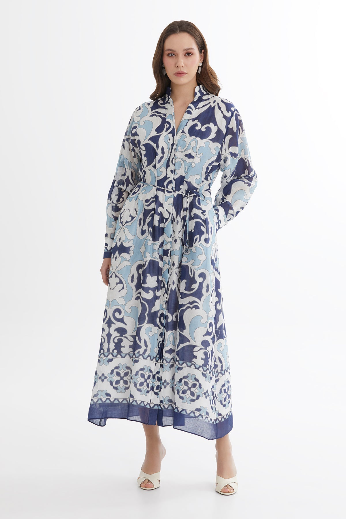 Tie Detail Embroidered Printed Maxi Dress