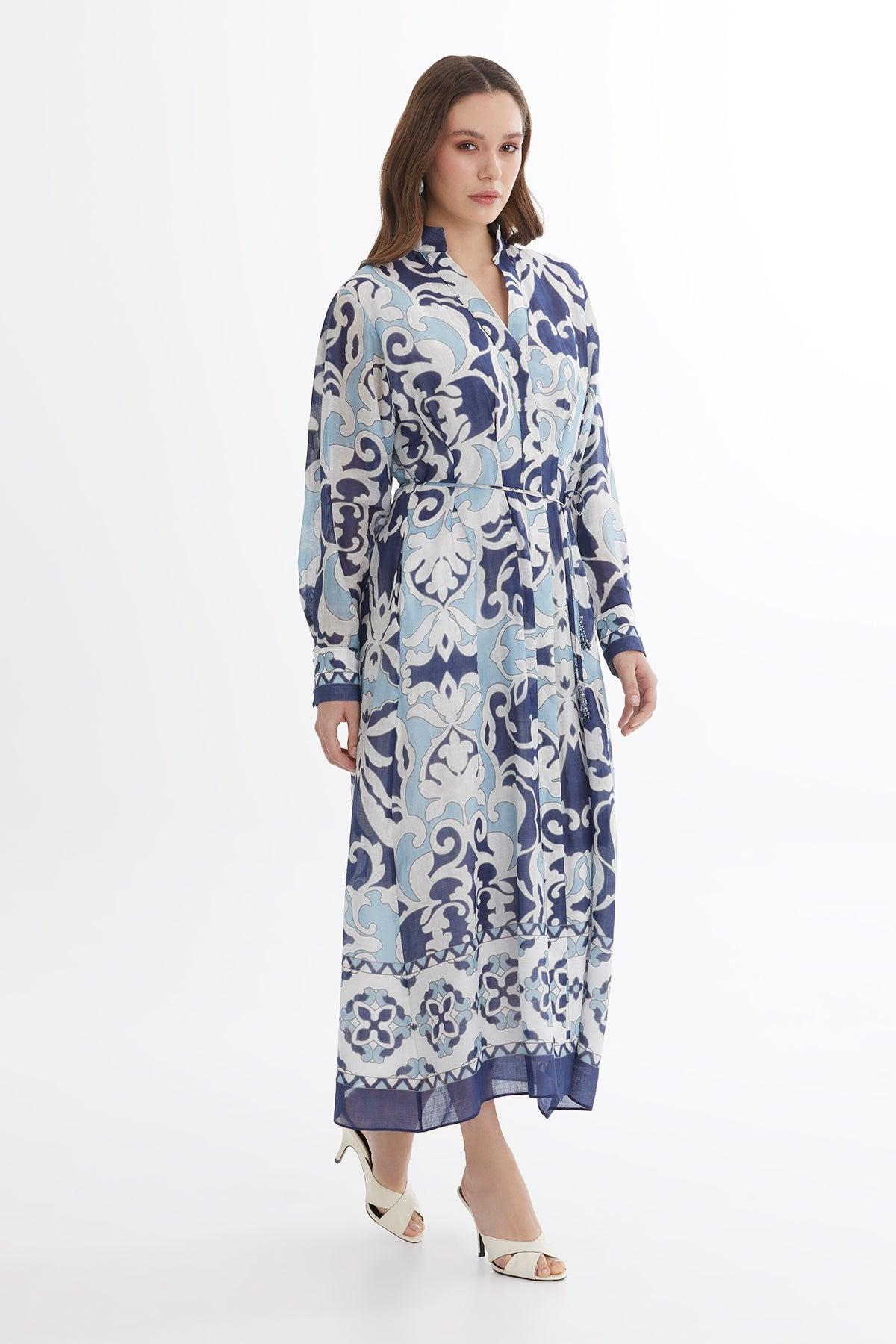 Tie Detail Embroidered Printed Maxi Dress