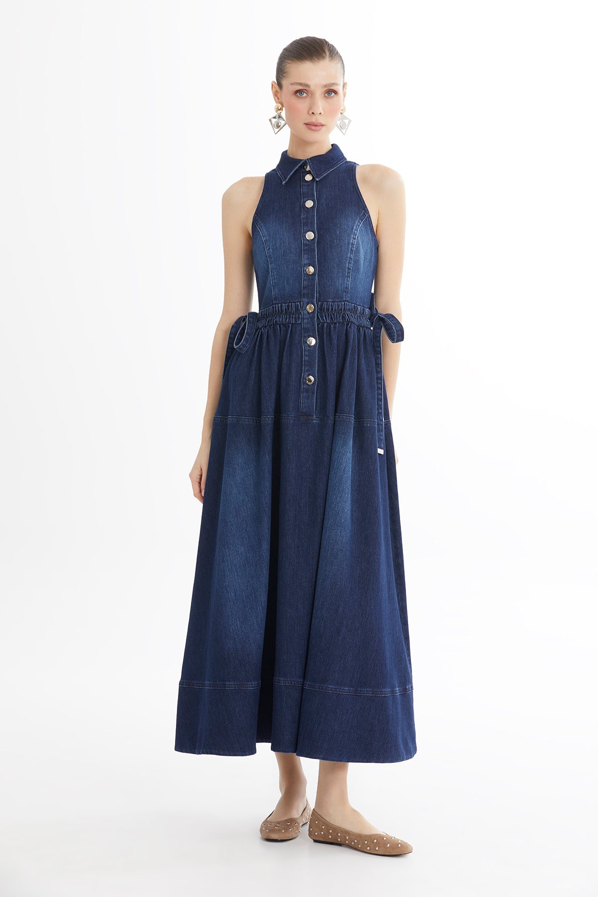 Blue Gathered Waist Sleeveless Denim Midi Dress