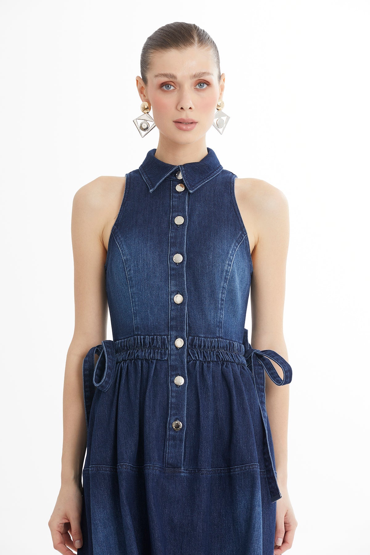 Blue Gathered Waist Sleeveless Denim Midi Dress