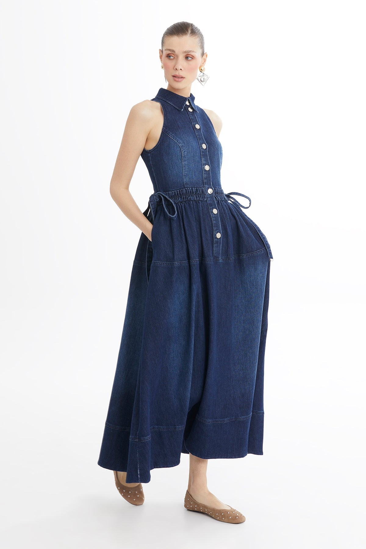 Blue Gathered Waist Sleeveless Denim Midi Dress
