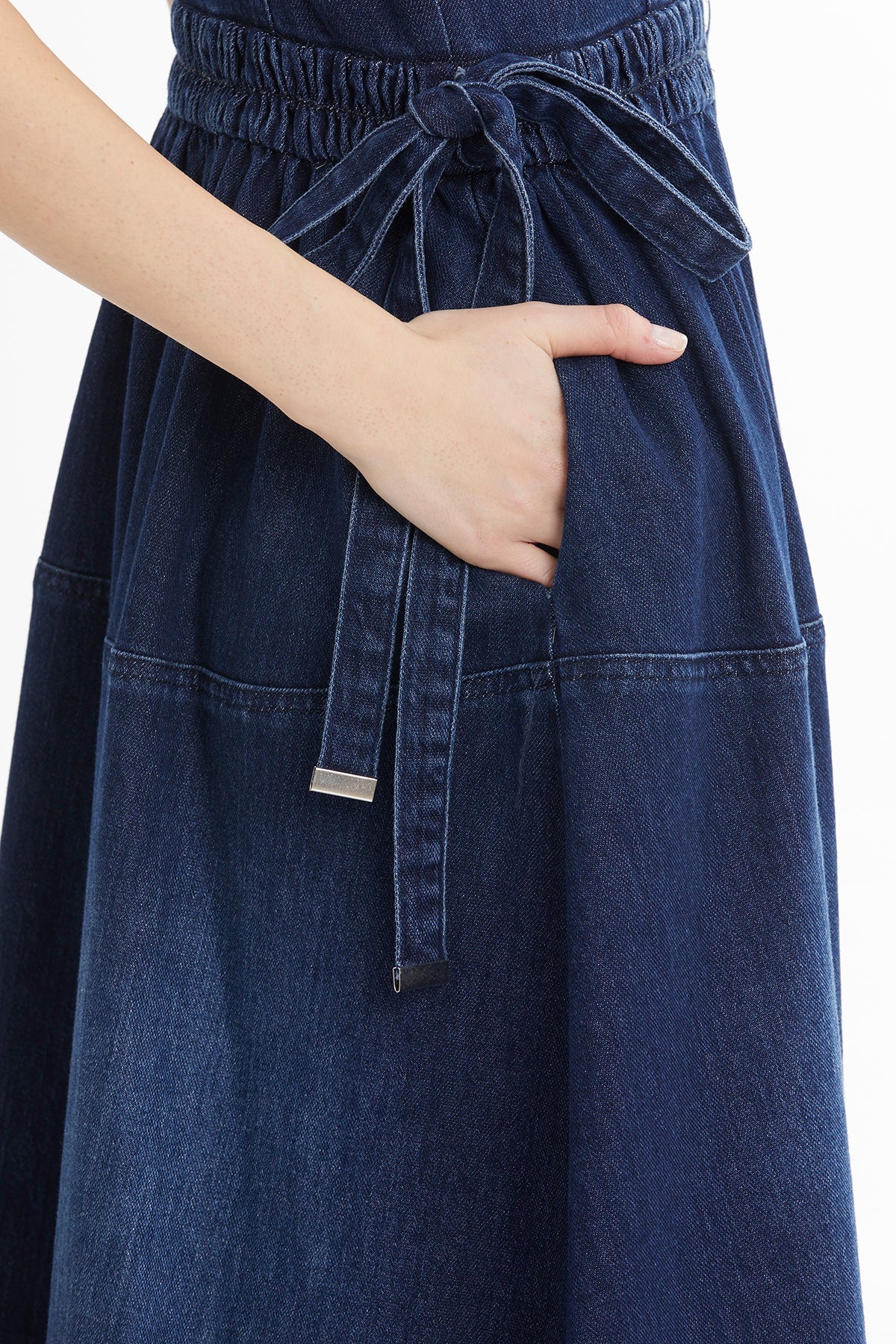 Blue Gathered Waist Sleeveless Denim Midi Dress