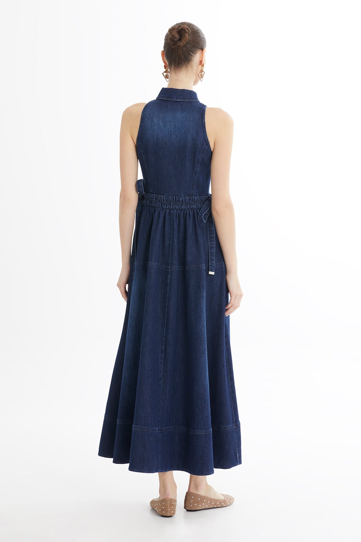 Blue Gathered Waist Sleeveless Denim Midi Dress