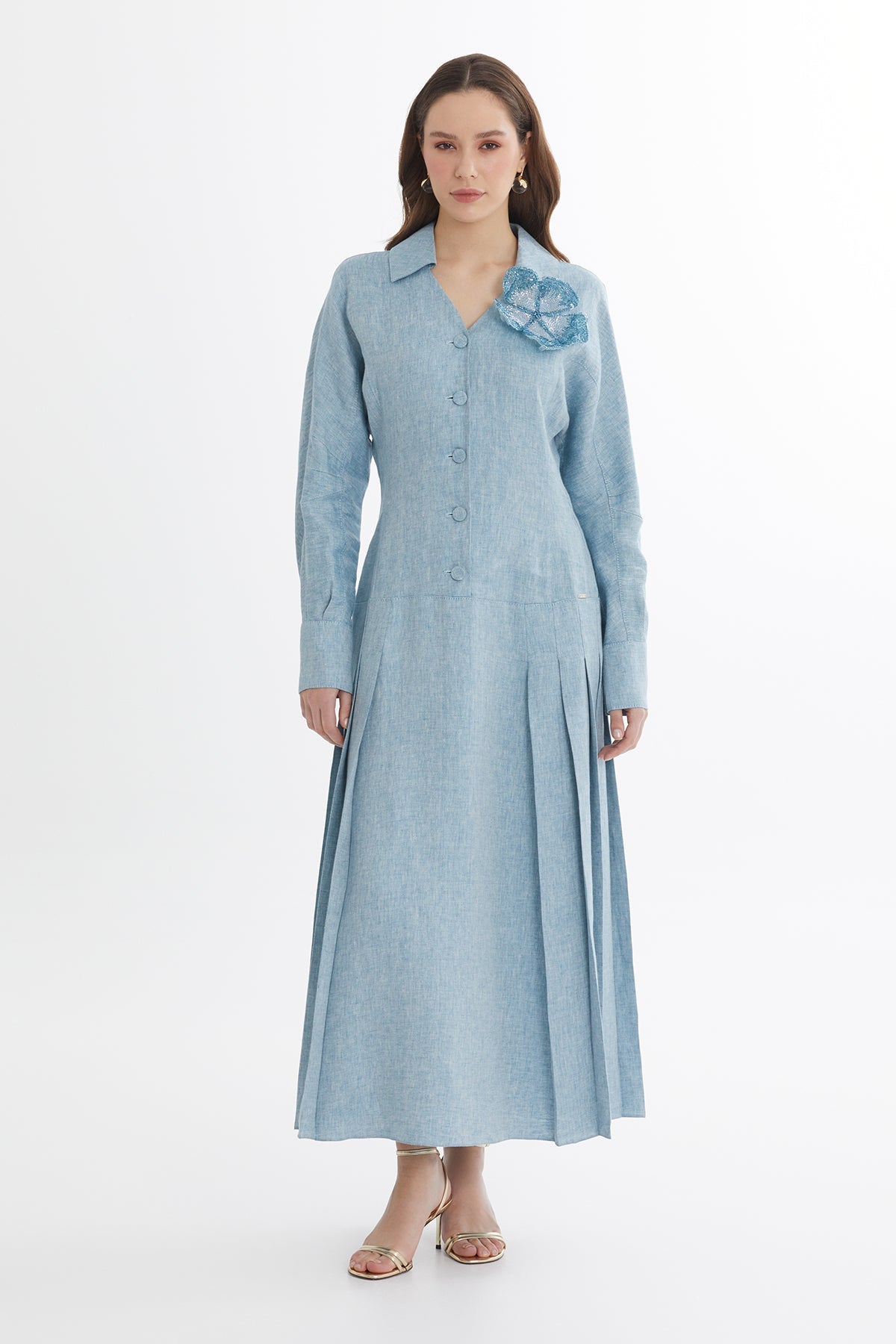 Blue Beaded Floral Brooch Linen Maxi Dress