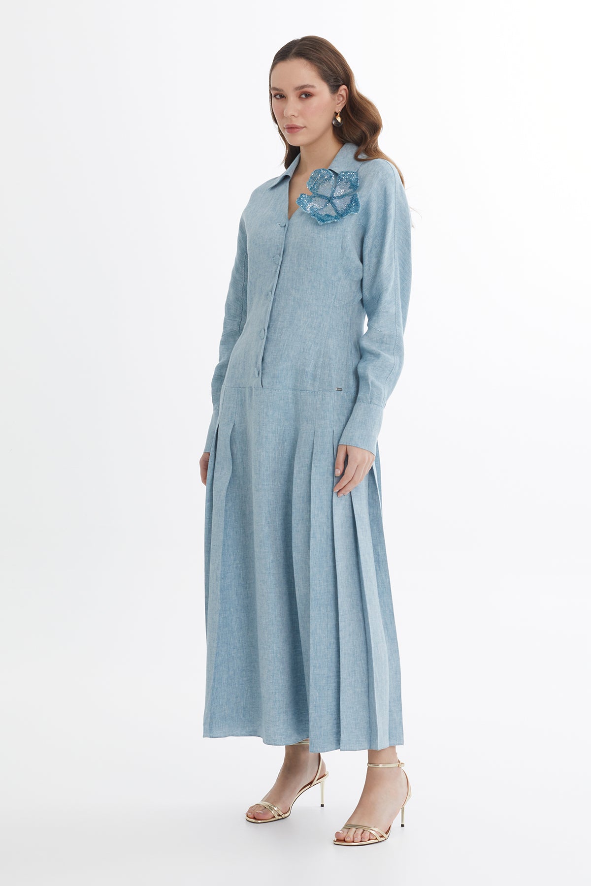 Blue Beaded Floral Brooch Linen Maxi Dress
