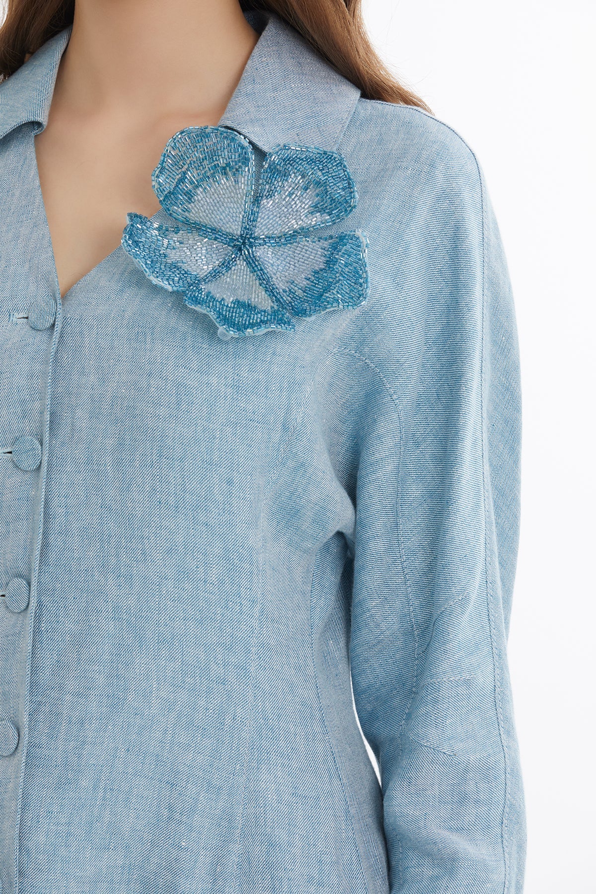 Blue Beaded Floral Brooch Linen Maxi Dress