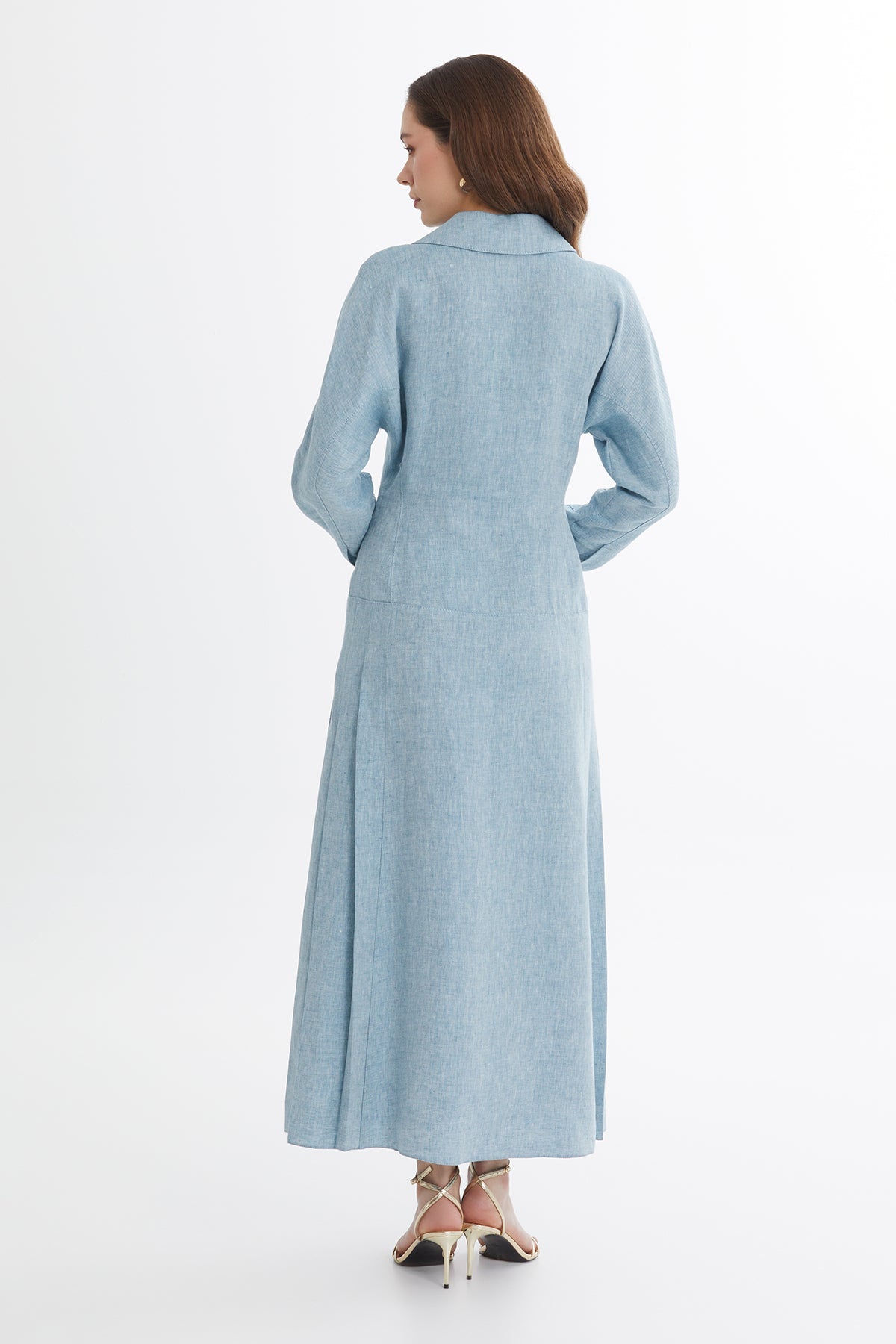 Blue Beaded Floral Brooch Linen Maxi Dress