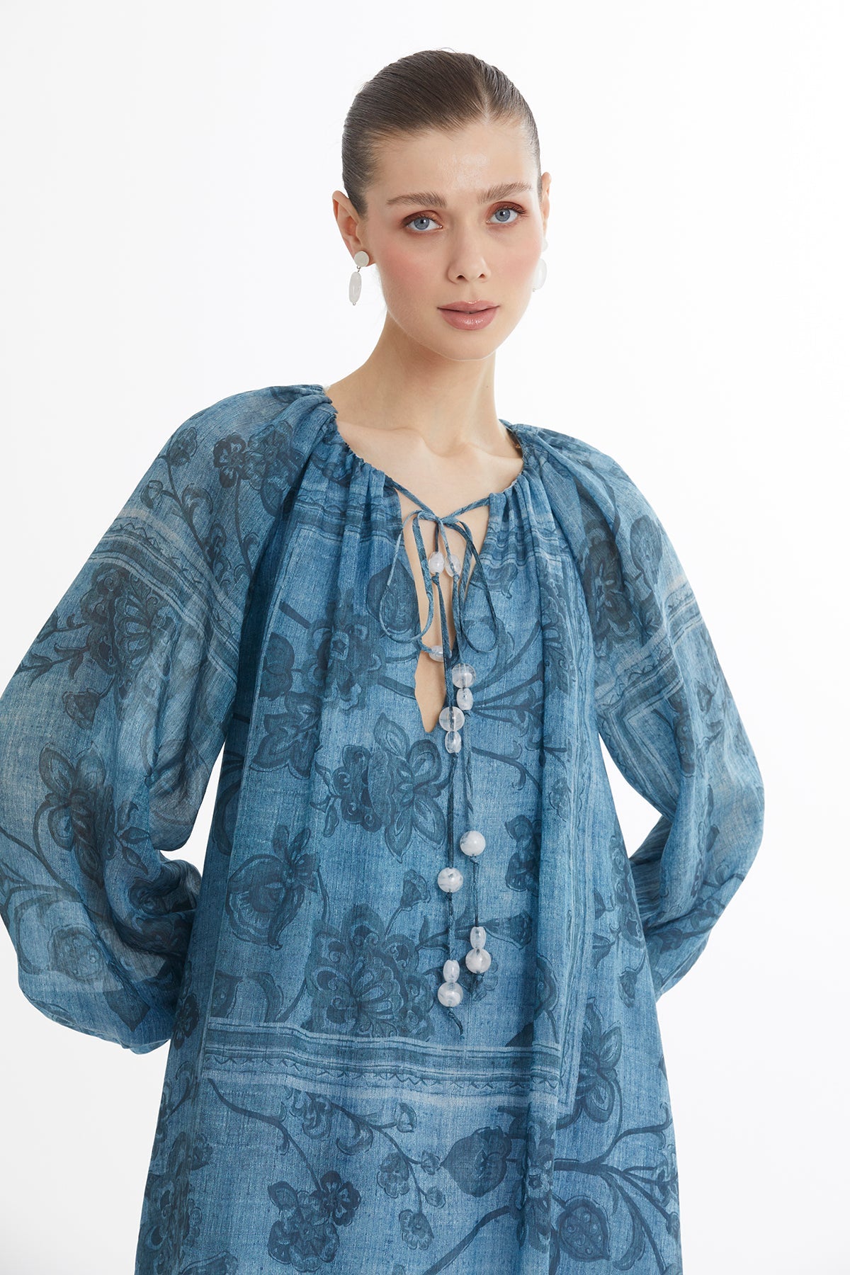 Beaded Puff Sleeve Printed Maxi Dress