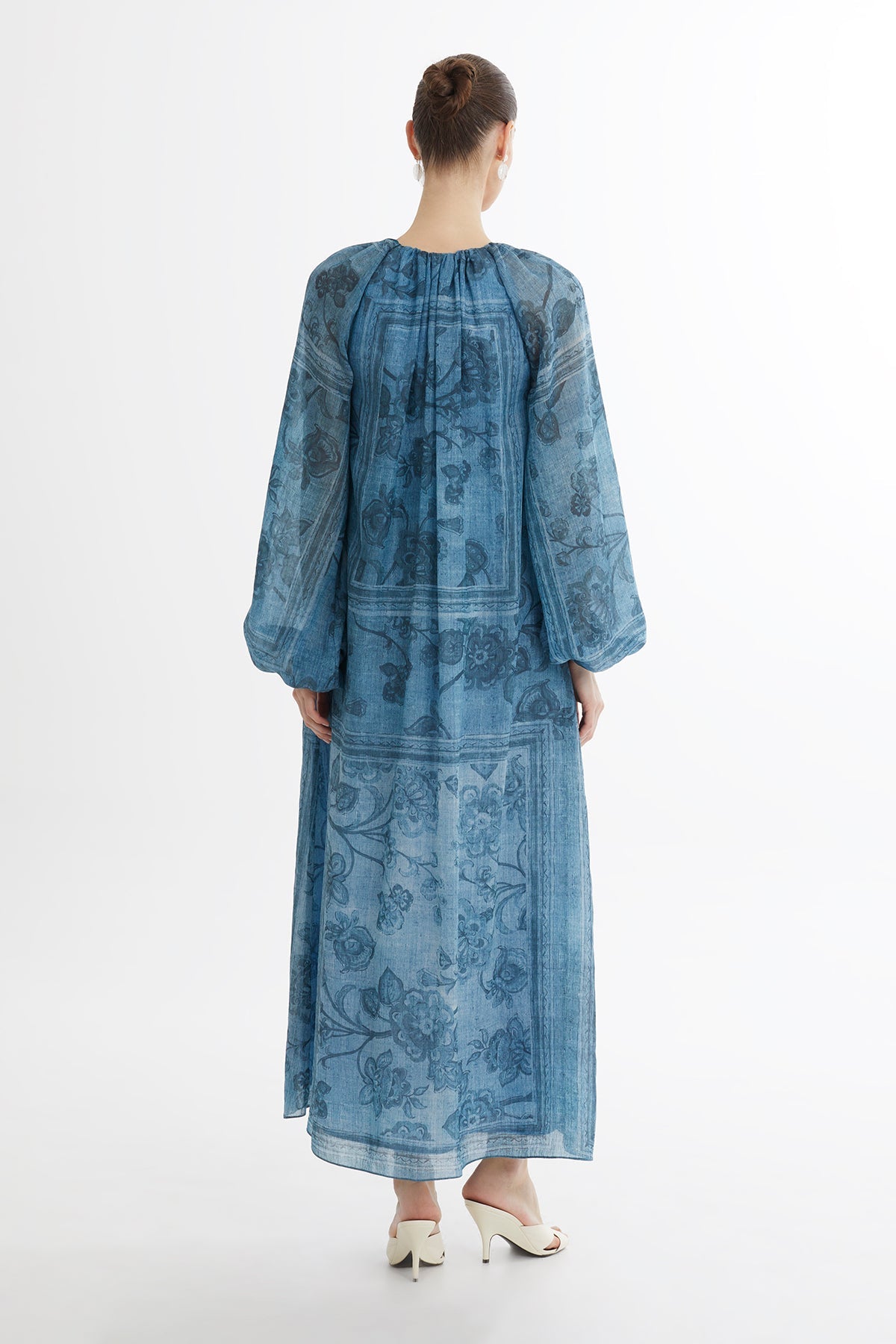 Beaded Puff Sleeve Printed Maxi Dress
