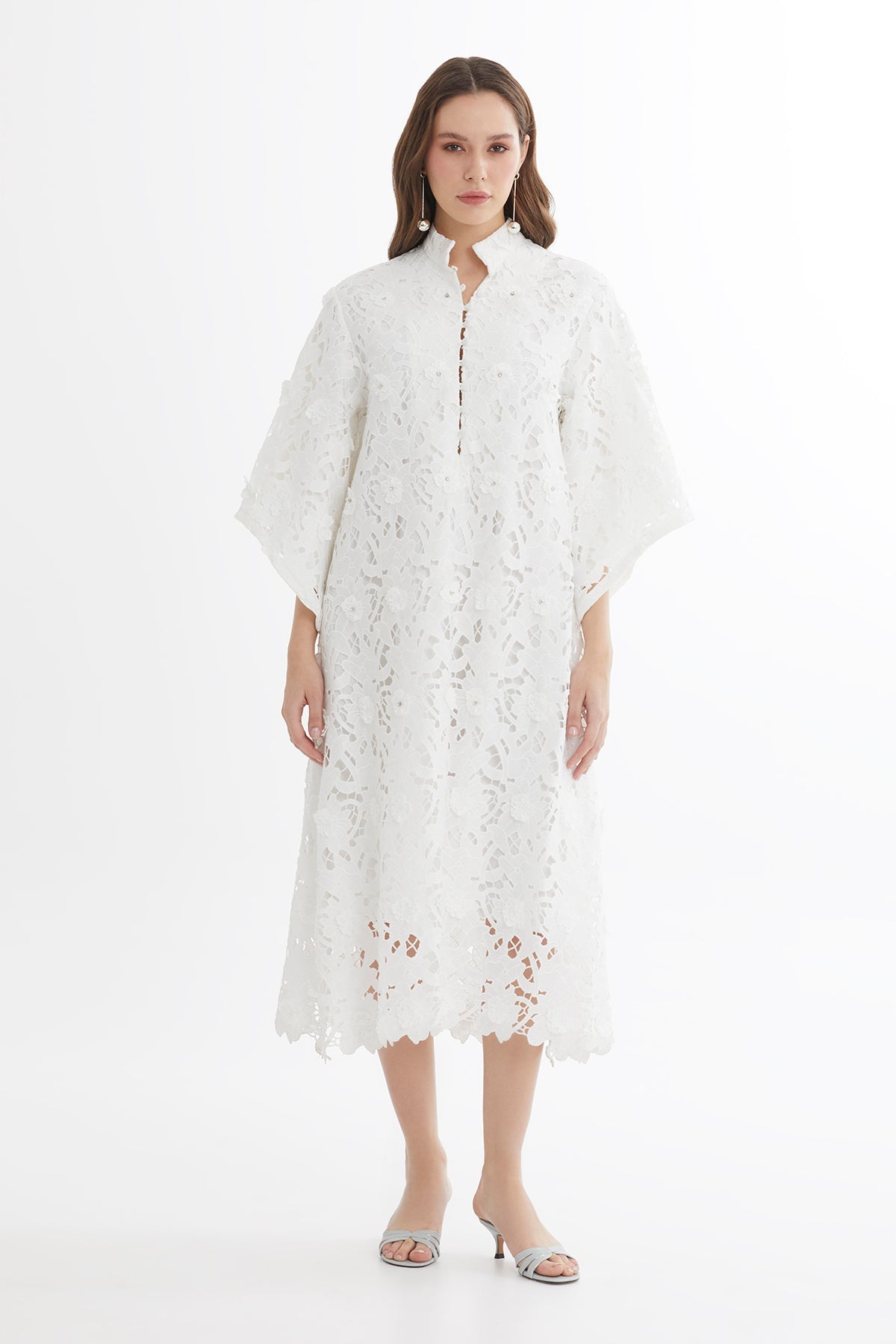 batwing sleeve midi dress White Batwing Sleeve Embroidered Midi Dress