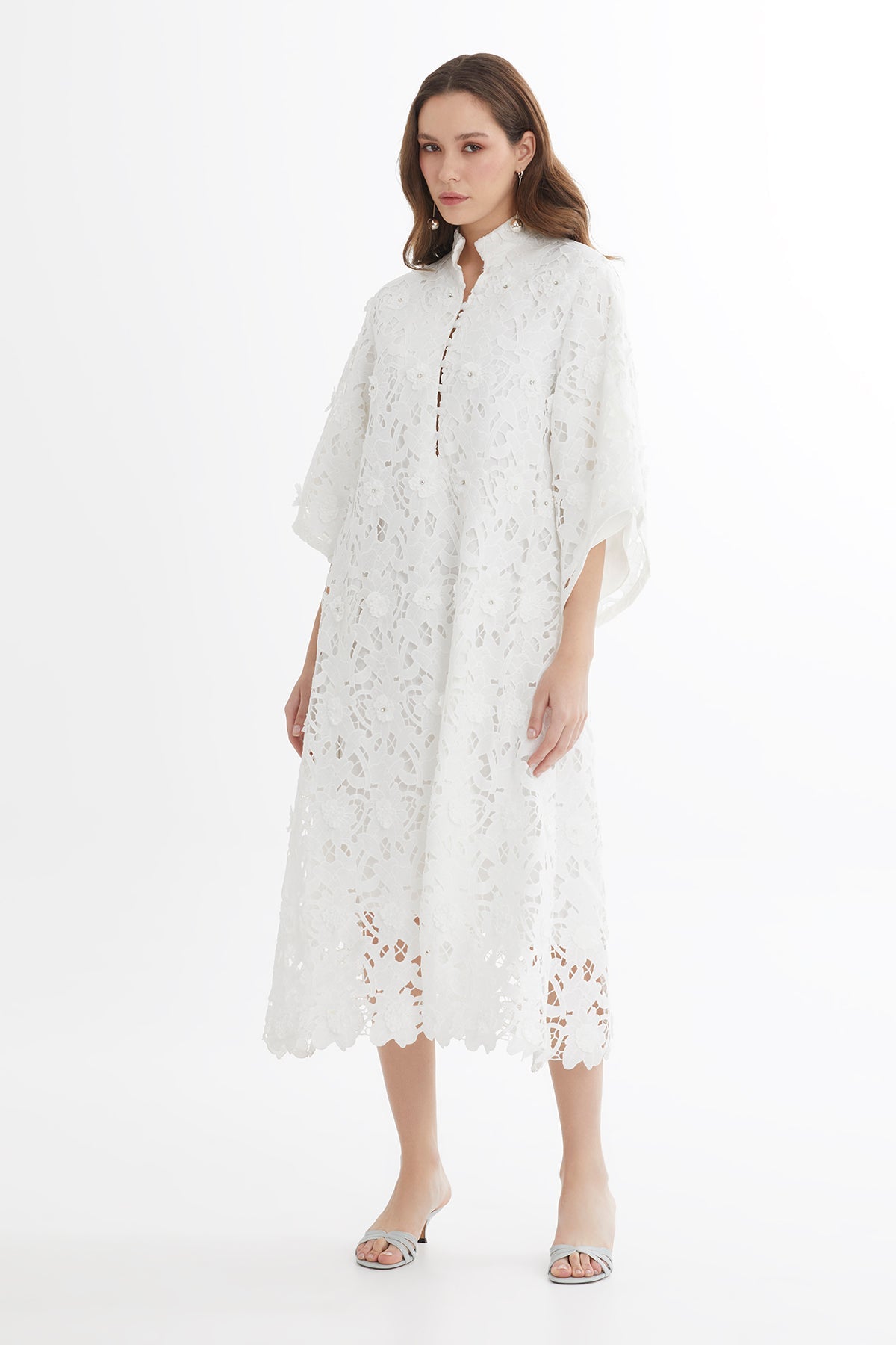 White Batwing Sleeve Embroidered Midi Dress