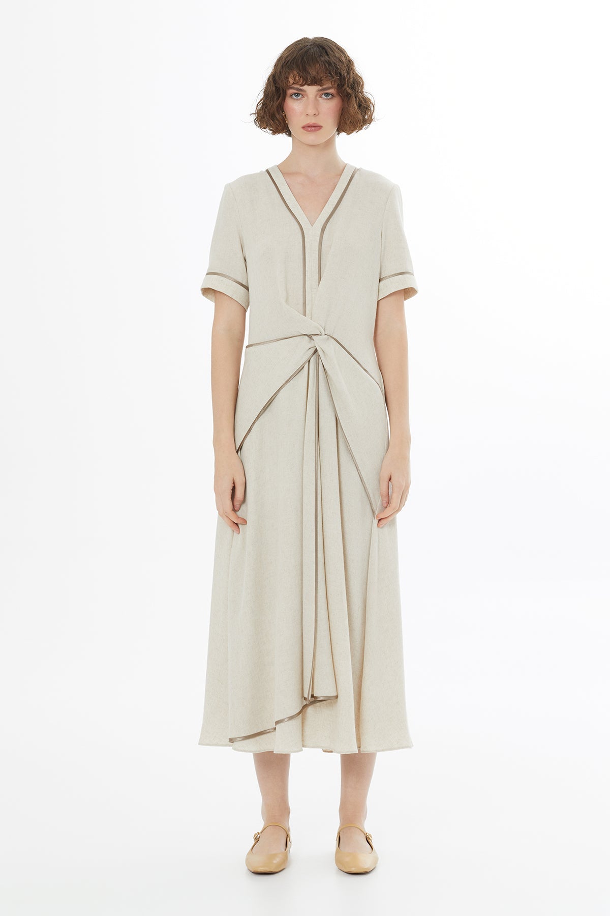 Beige Piped Detail Linen Maxi Dress