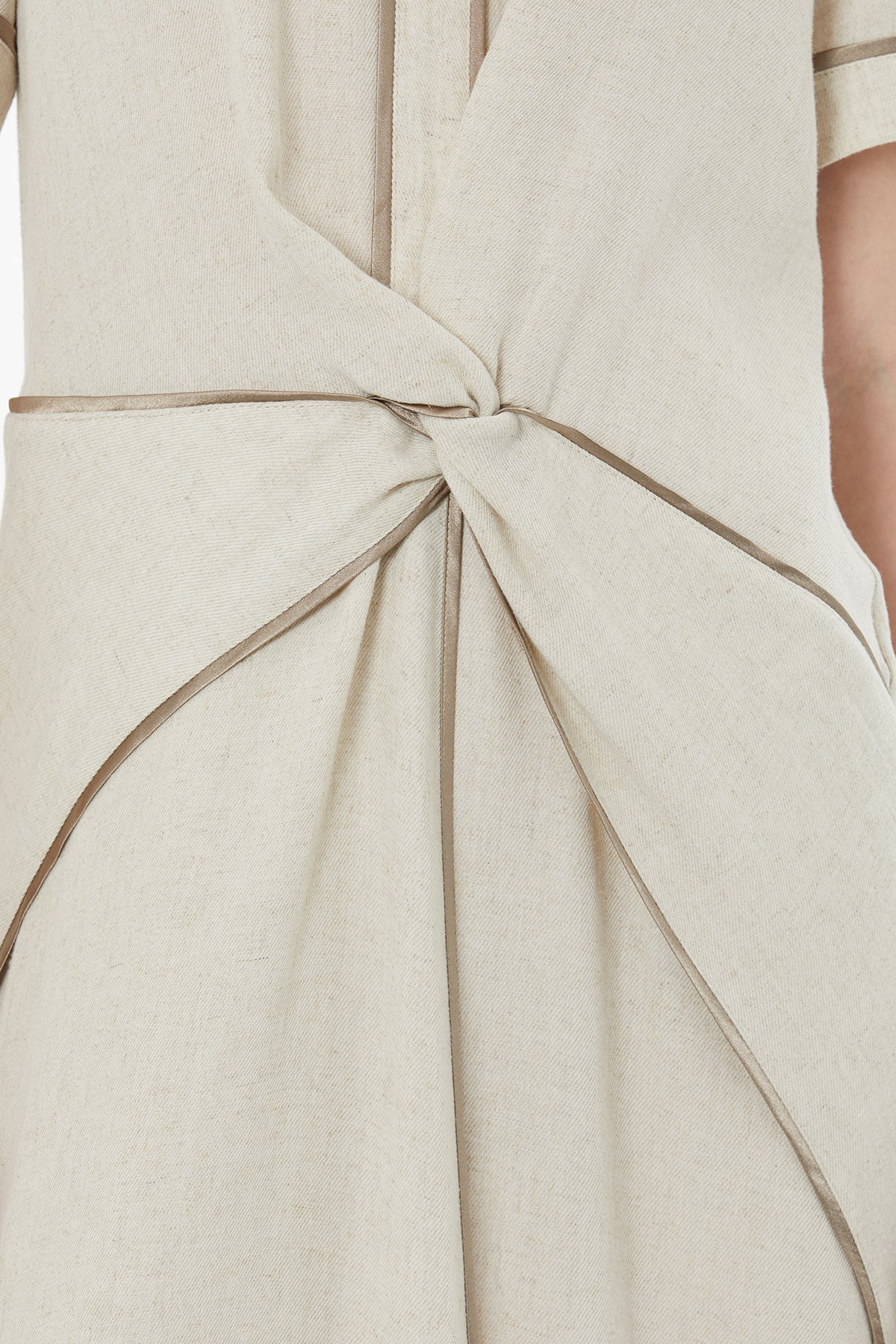 Beige Piped Detail Linen Maxi Dress