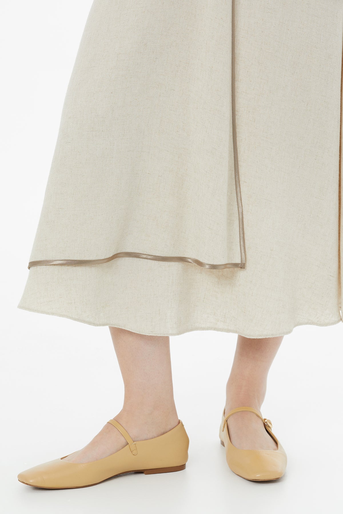 Beige Piped Detail Linen Maxi Dress