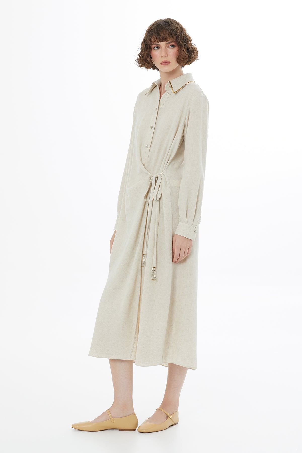 Beige Tie Detail Linen Midi Dress
