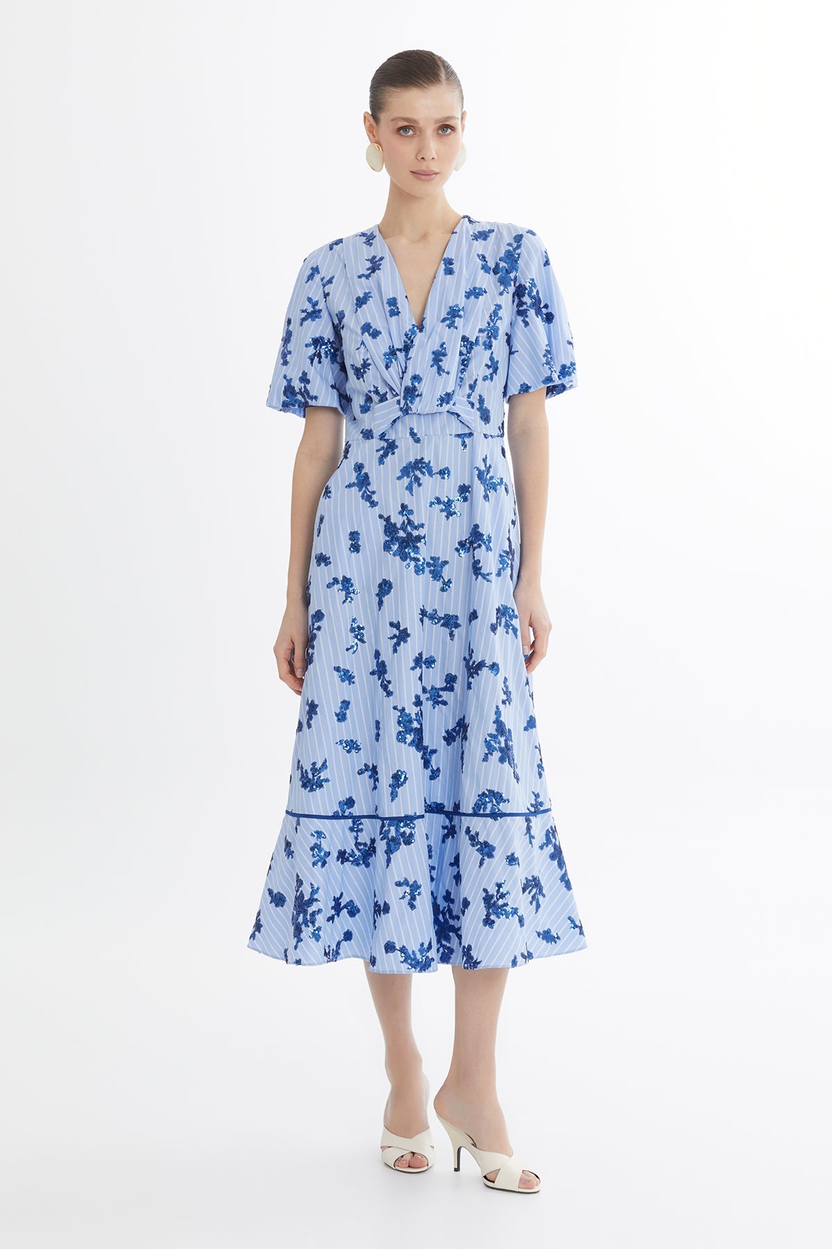 Blue Balloon Sleeve Sequin Poplin Dress