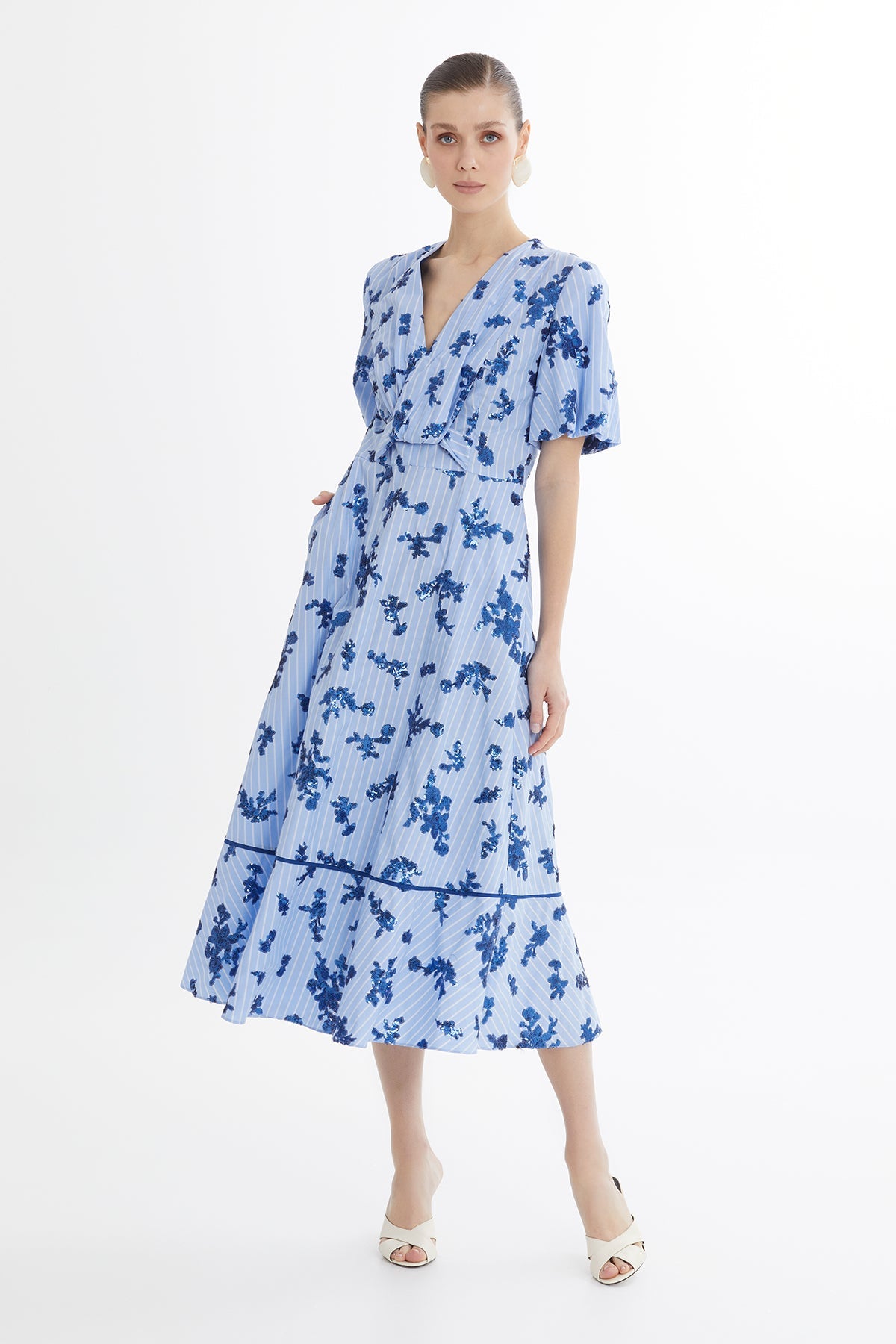 Blue Balloon Sleeve Sequin Poplin Dress