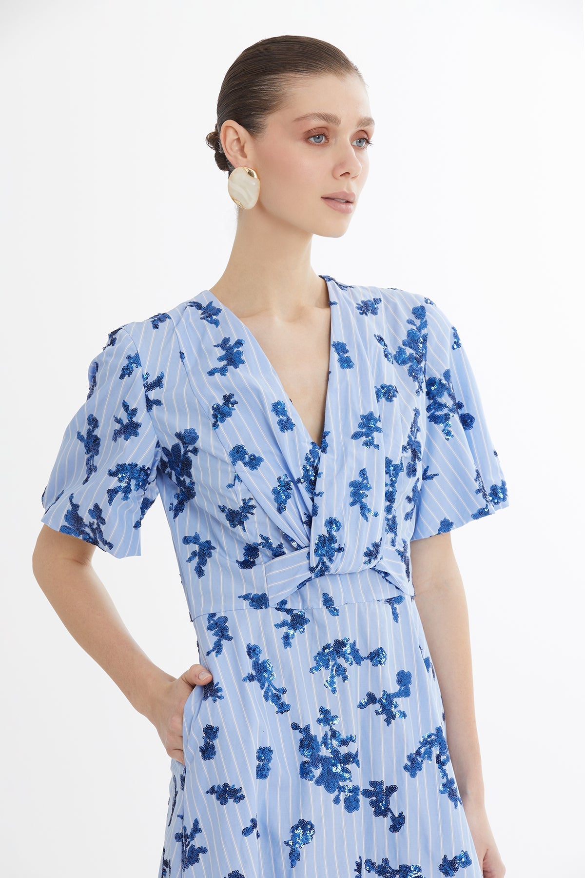 Blue Balloon Sleeve Sequin Poplin Dress