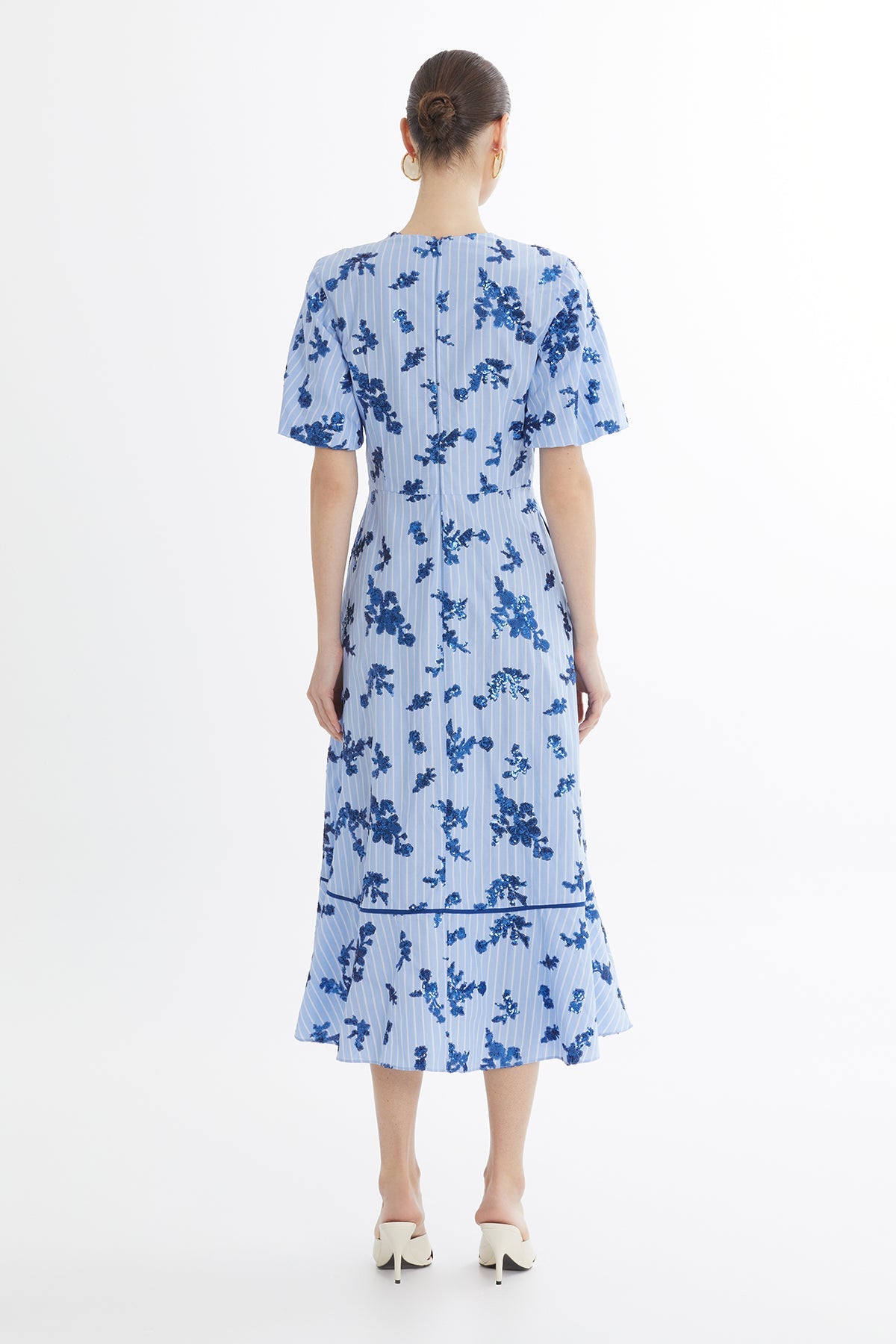 Blue Balloon Sleeve Sequin Poplin Dress