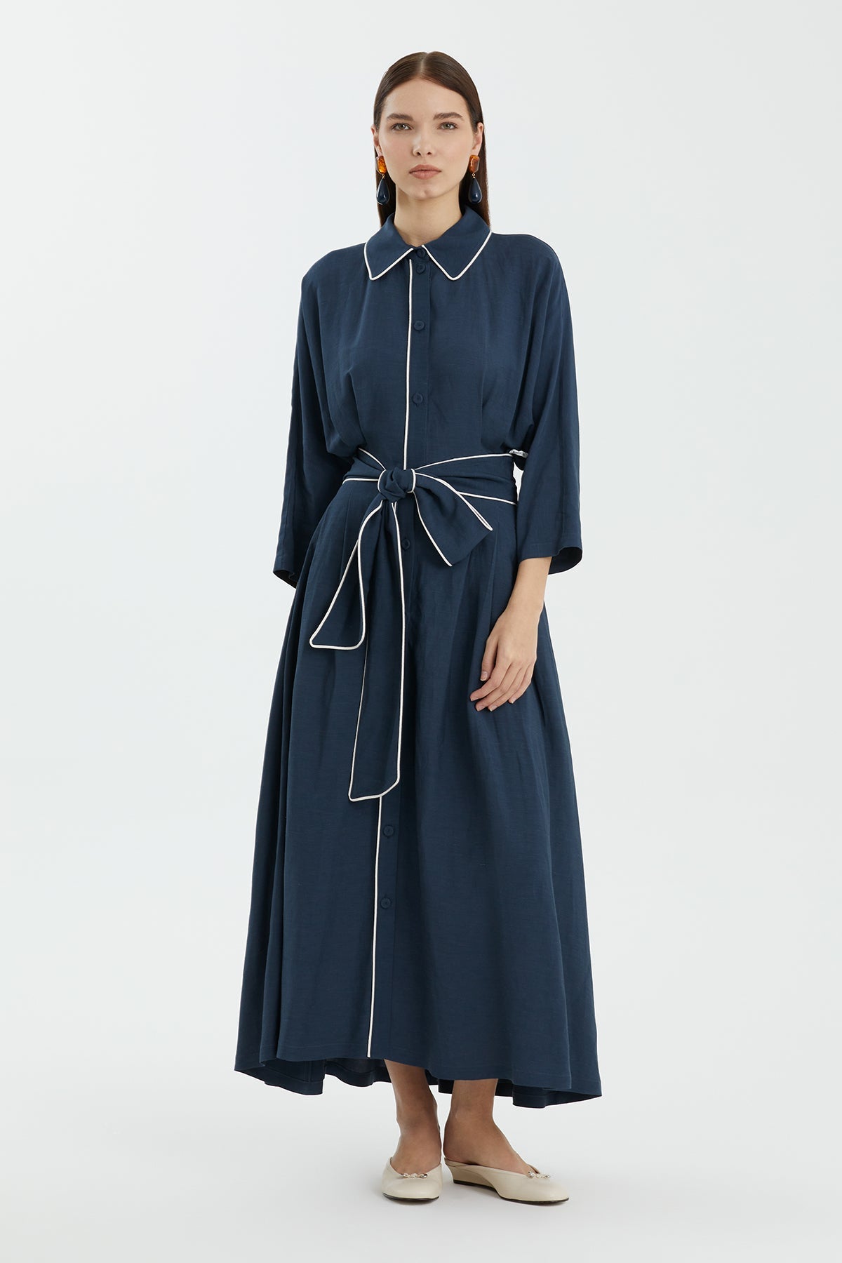 Dark Blue Contrast Piping Detail Dress