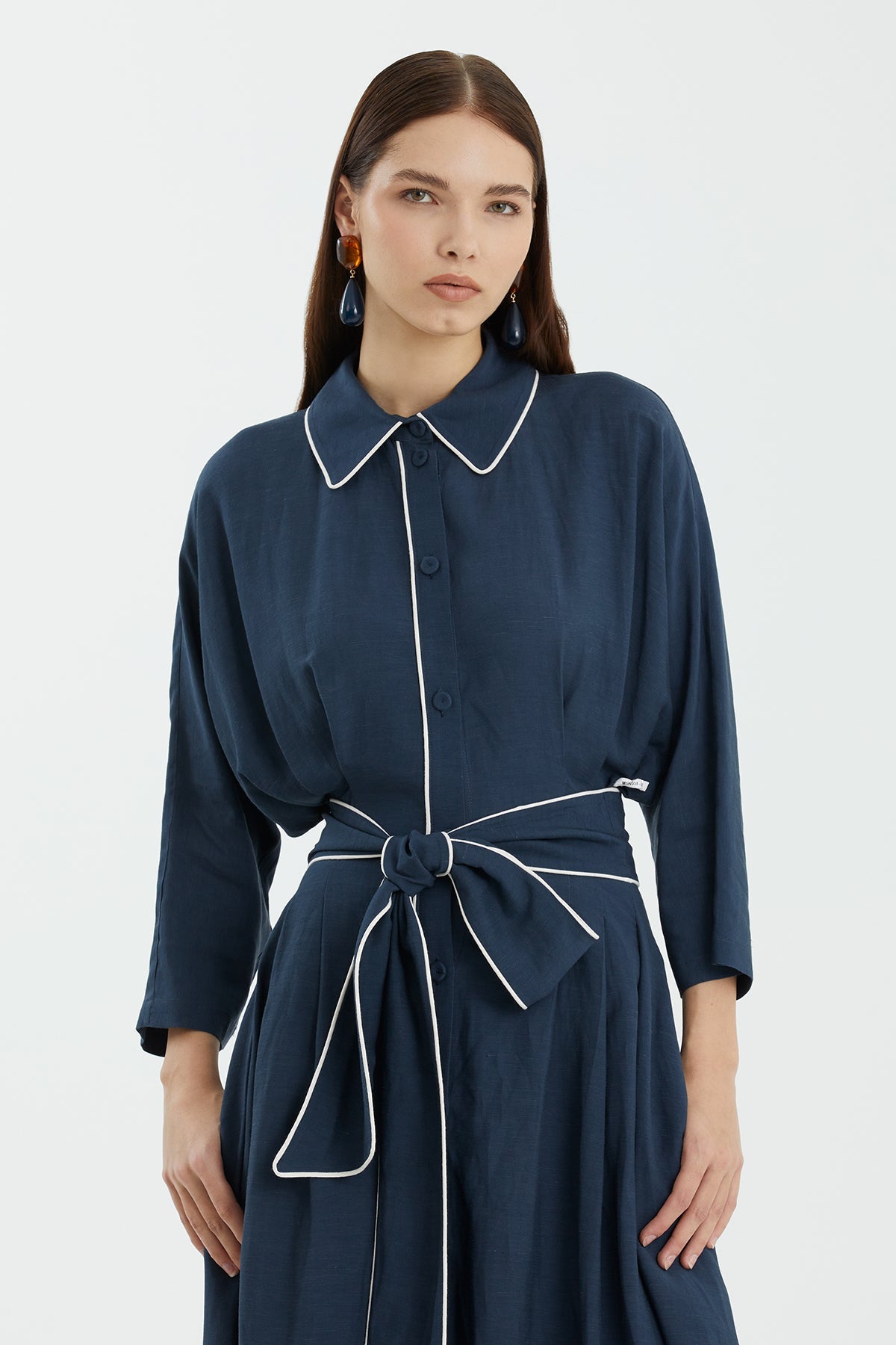 Dark Blue Contrast Piping Detail Dress