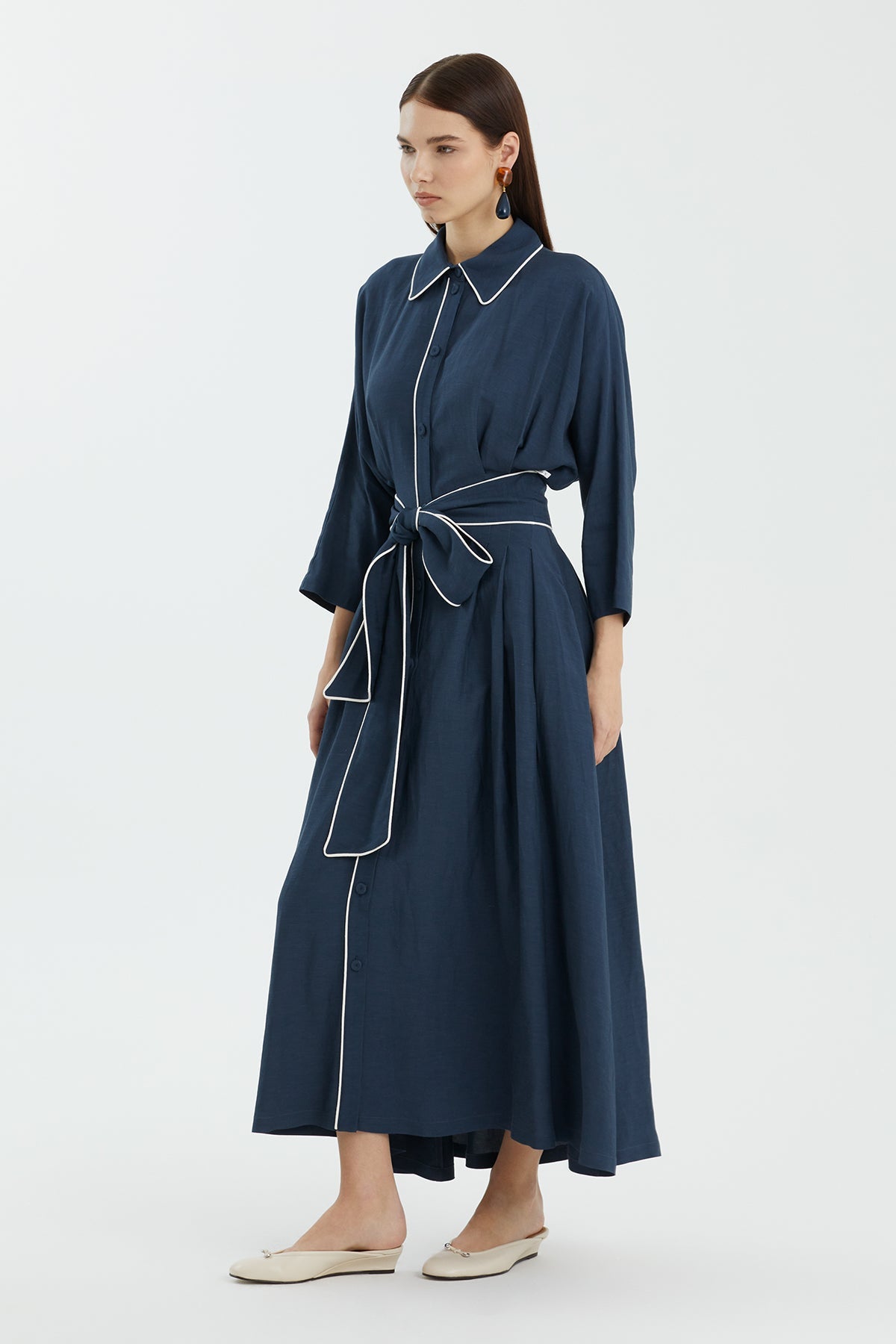 Dark Blue Contrast Piping Detail Dress