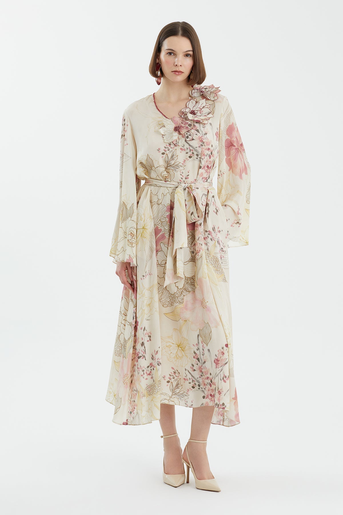 Floral Appliqué Draped Dress